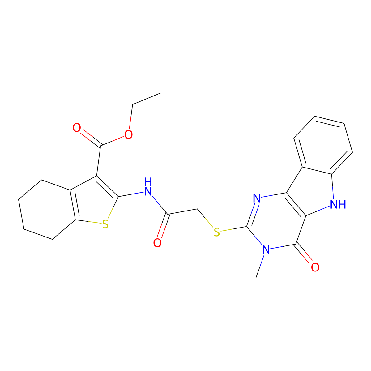 ethyl 2-(2-((3-methyl-4-oxo-4,5-dihydro-3H-pyrimido[5,4-b]indol-2-yl)thio)acetamido)-4,5,6,7-tetrahydrobenzo[b]thiophene-3-carboxylate molecular structure, CAS 537668-05-6