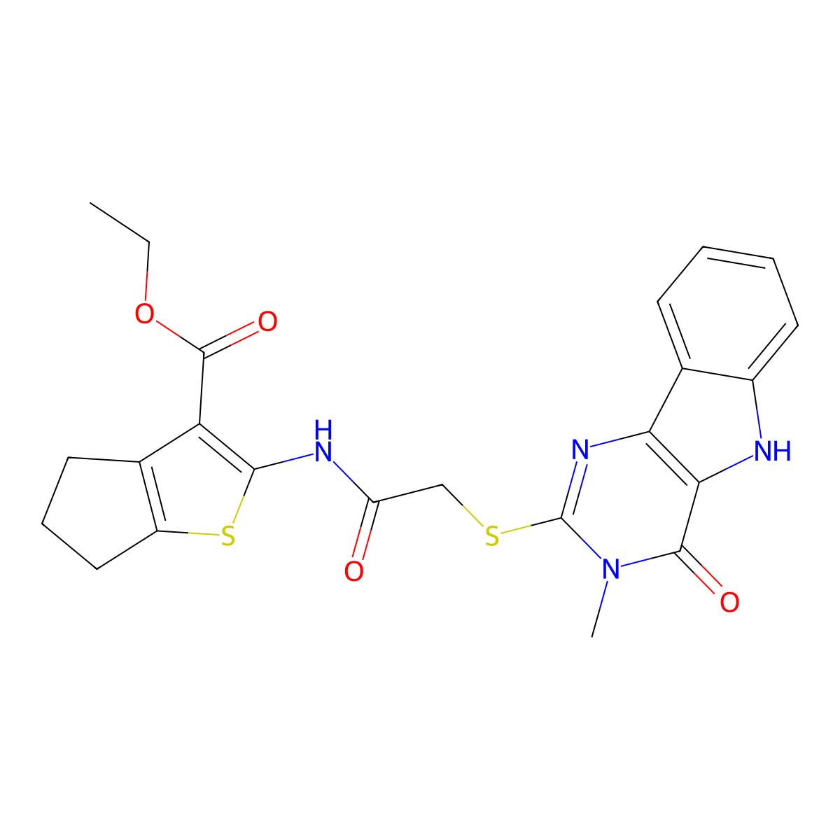 ethyl 2-[[2-[(3-methyl-4-oxo-5H-pyrimido[5,4-b]indol-2-yl)sulfanyl]acetyl]amino]-5,6-dihydro-4H-cyclopenta[b]thiophene-3-carboxylate molecular structure, CAS 537668-06-7