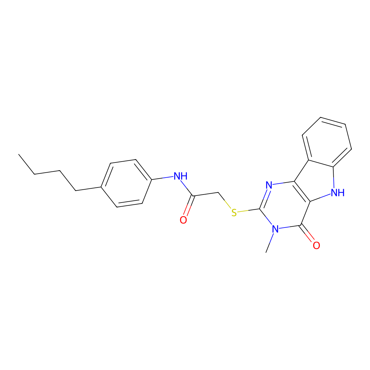 N-(4-butylphenyl)-2-[(3-methyl-4-oxo-5H-pyrimido[5,4-b]indol-2-yl)sulfanyl]acetamide molecular structure, CAS 537668-10-3