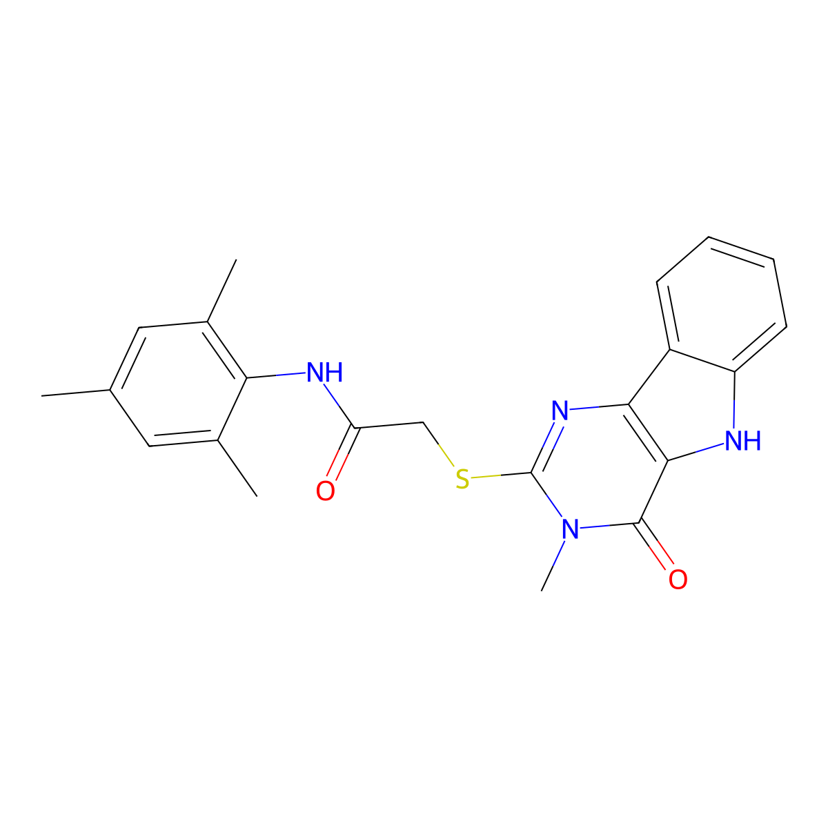 N-mesityl-2-((3-methyl-4-oxo-4,5-dihydro-3H-pyrimido[5,4-b]indol-2-yl)thio)acetamide molecular structure, CAS 537668-21-6