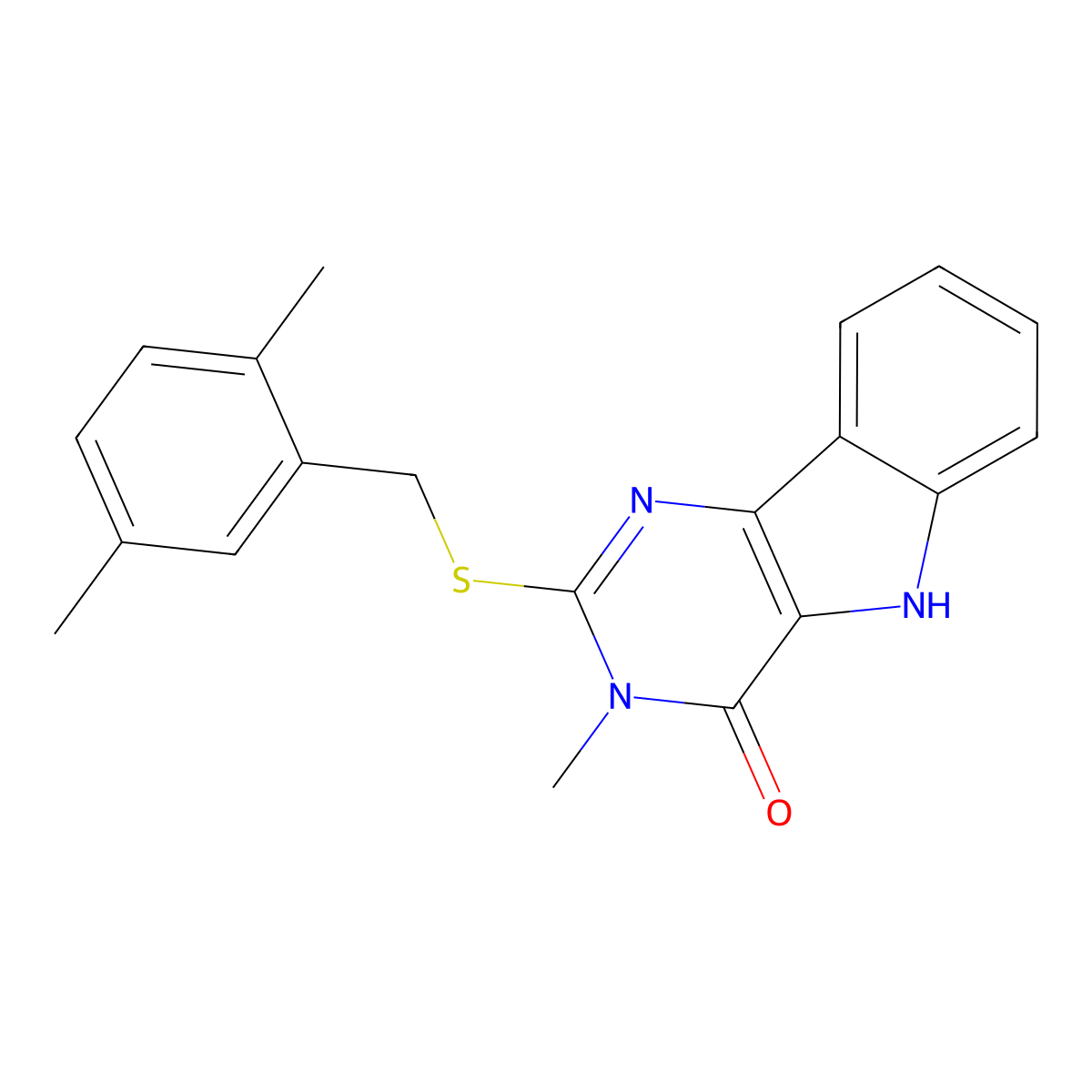 2-((2,5-dimethylbenzyl)thio)-3-methyl-3H-pyrimido[5,4-b]indol-4(5H)-one molecular structure, CAS 537668-35-2