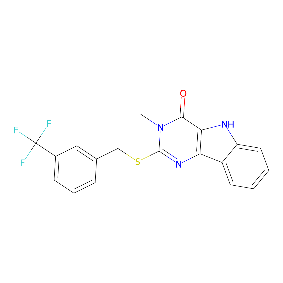 3-methyl-2-[[3-(trifluoromethyl)phenyl]methylsulfanyl]-5H-pyrimido[5,4-b]indol-4-one molecular structure, CAS 537668-38-5