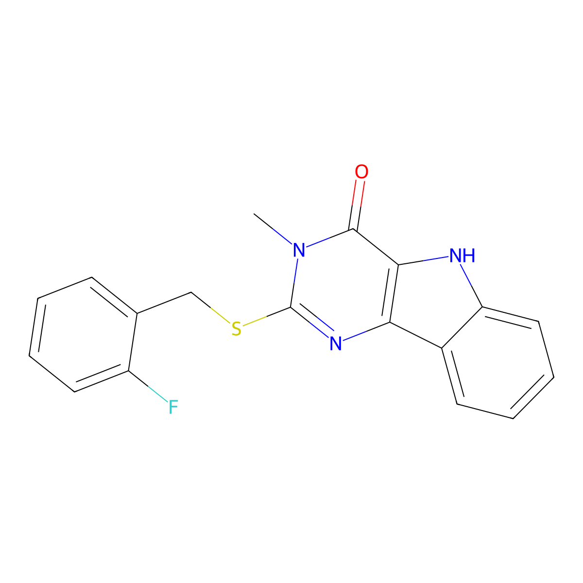 2-[(2-fluorophenyl)methylsulfanyl]-3-methyl-5H-pyrimido[5,4-b]indol-4-one molecular structure, CAS 537668-41-0