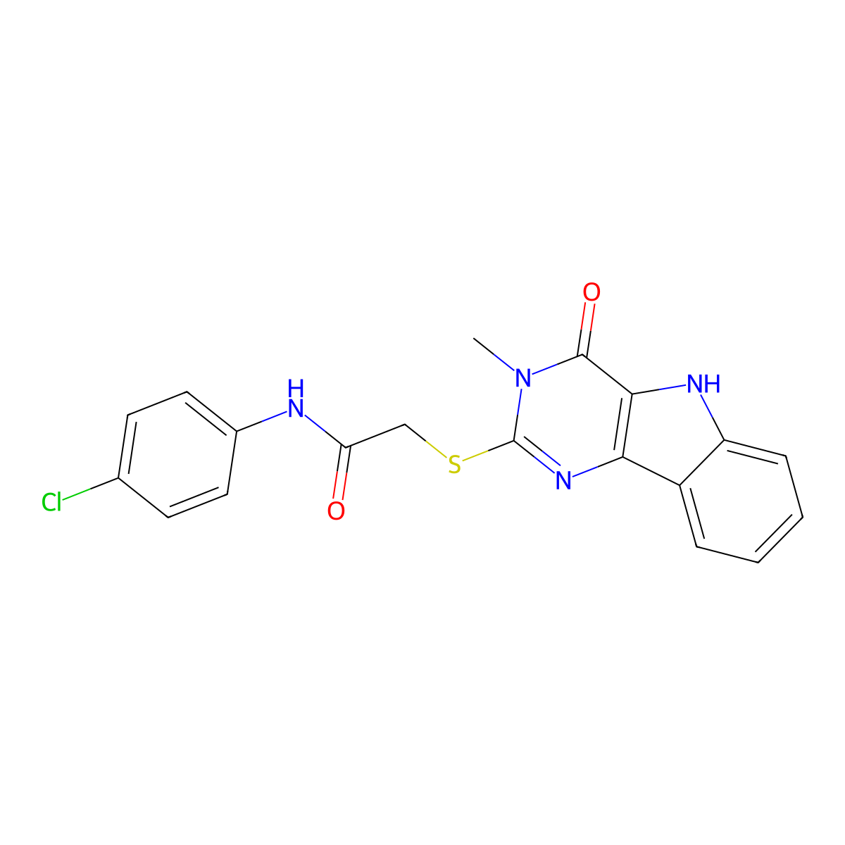N-(4-chlorophenyl)-2-((3-methyl-4-oxo-4,5-dihydro-3H-pyrimido[5,4-b]indol-2-yl)thio)acetamide molecular structure, CAS 537668-49-8