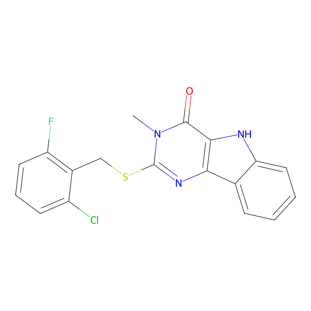 2-((2-chloro-6-fluorobenzyl)thio)-3-methyl-3H-pyrimido[5,4-b]indol-4(5H)-one molecular structure, CAS 537668-56-7