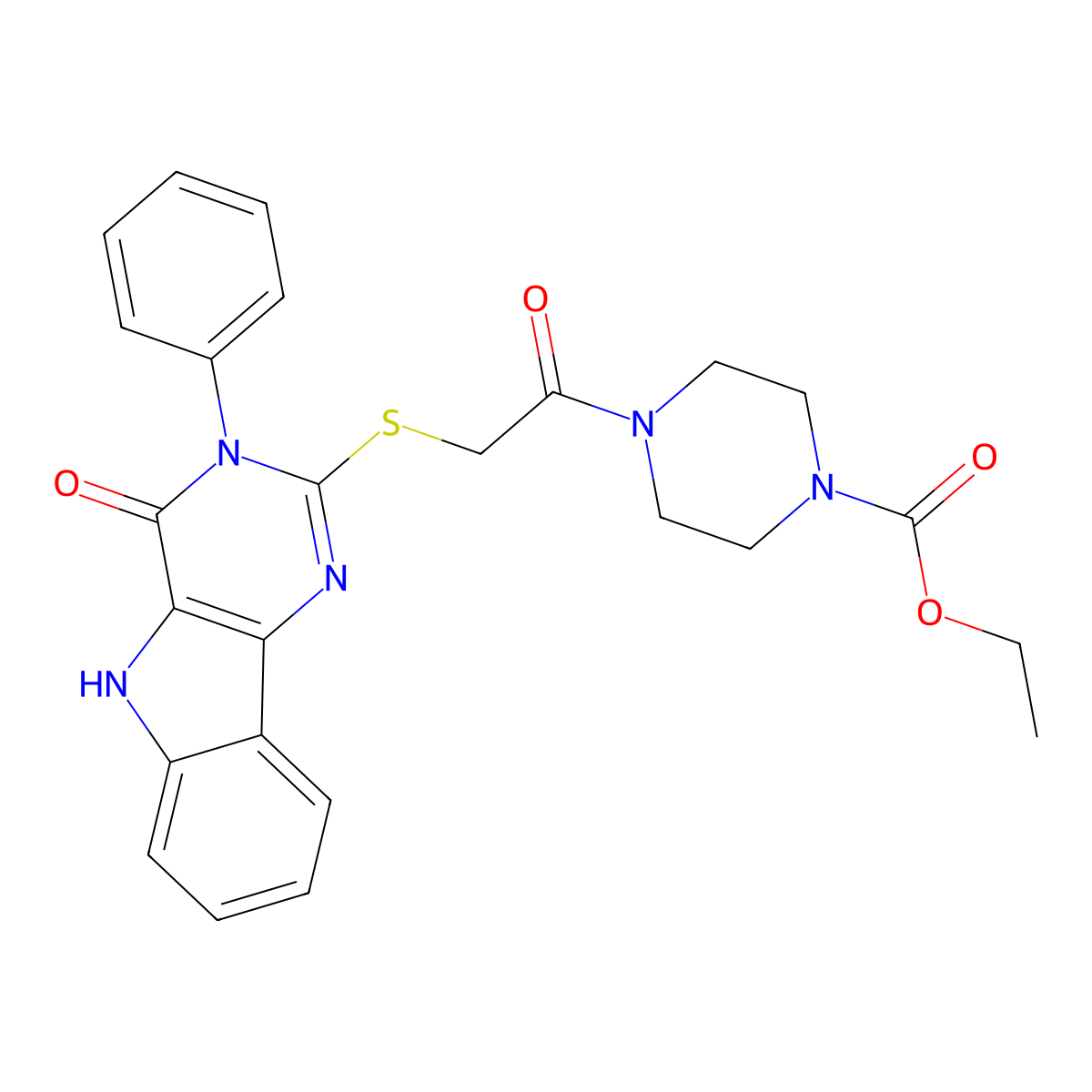 ethyl 4-[2-[(4-oxo-3-phenyl-5H-pyrimido[5,4-b]indol-2-yl)sulfanyl]acetyl]piperazine-1-carboxylate molecular structure, CAS 537668-68-1