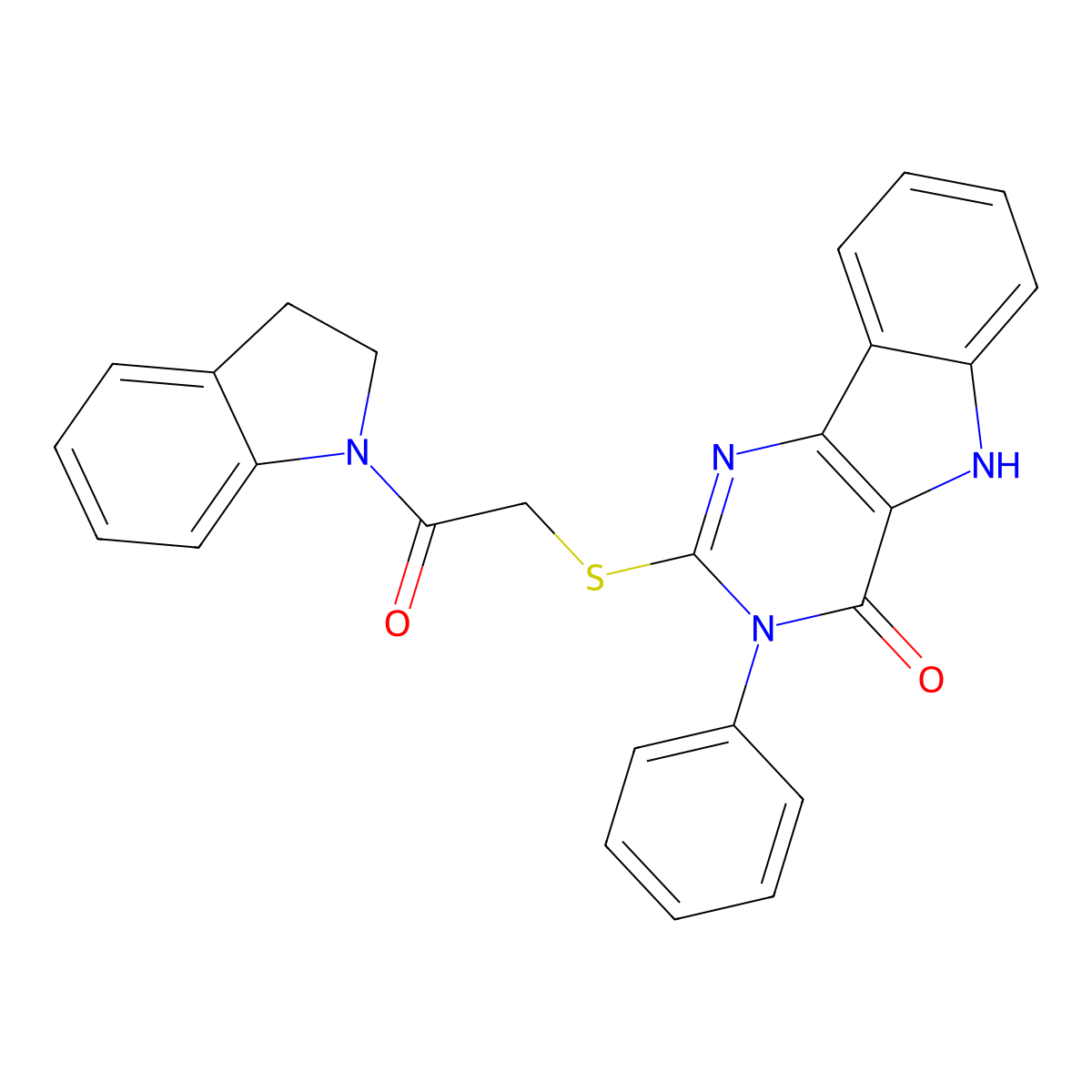 2-((2-(indolin-1-yl)-2-oxoethyl)thio)-3-phenyl-3H-pyrimido[5,4-b]indol-4(5H)-one molecular structure, CAS 537668-70-5