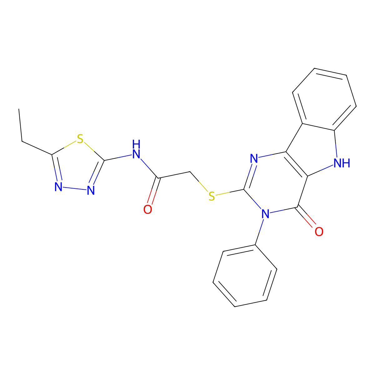 N-(5-ethyl-1,3,4-thiadiazol-2-yl)-2-((4-oxo-3-phenyl-4,5-dihydro-3H-pyrimido[5,4-b]indol-2-yl)thio)acetamide molecular structure, CAS 537668-73-8
