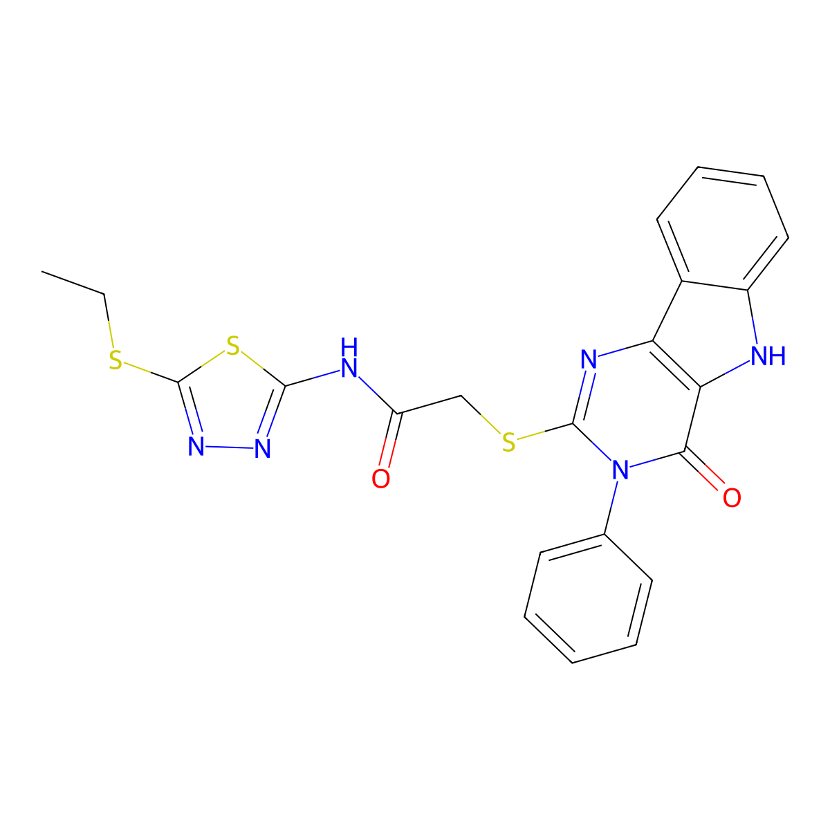 N-(5-(ethylthio)-1,3,4-thiadiazol-2-yl)-2-((4-oxo-3-phenyl-4,5-dihydro-3H-pyrimido[5,4-b]indol-2-yl)thio)acetamide molecular structure, CAS 537668-75-0