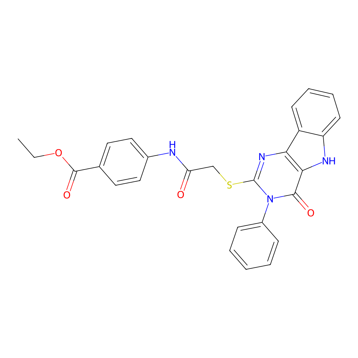 ethyl 4-(2-((4-oxo-3-phenyl-4,5-dihydro-3H-pyrimido[5,4-b]indol-2-yl)thio)acetamido)benzoate molecular structure, CAS 537668-78-3