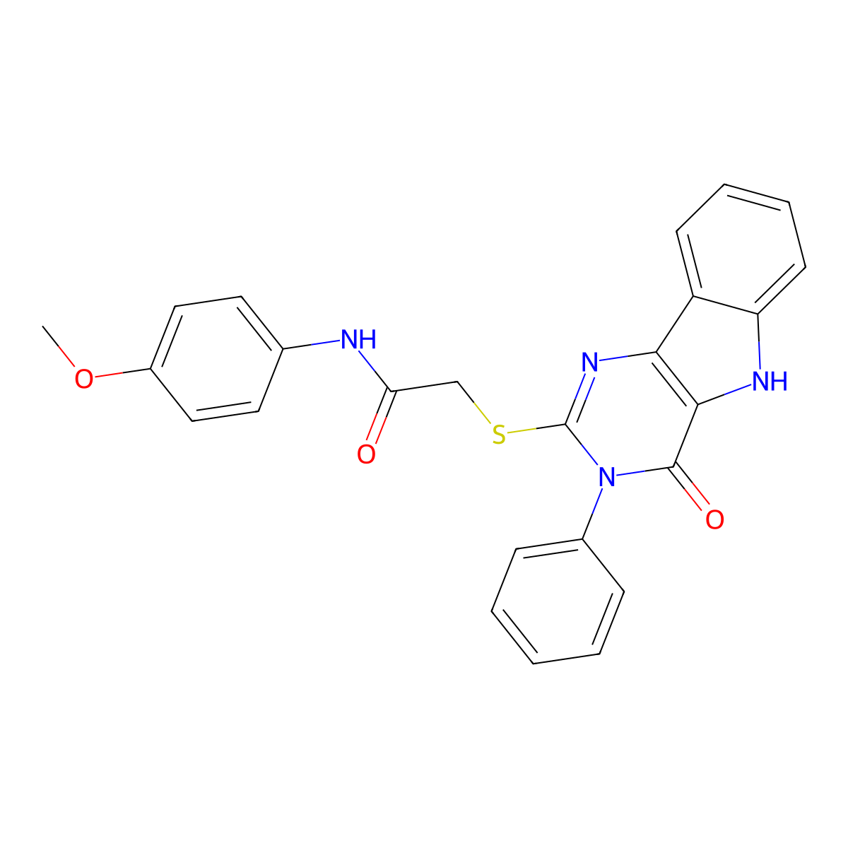 N-(4-methoxyphenyl)-2-((4-oxo-3-phenyl-4,5-dihydro-3H-pyrimido[5,4-b]indol-2-yl)thio)acetamide molecular structure, CAS 537668-79-4