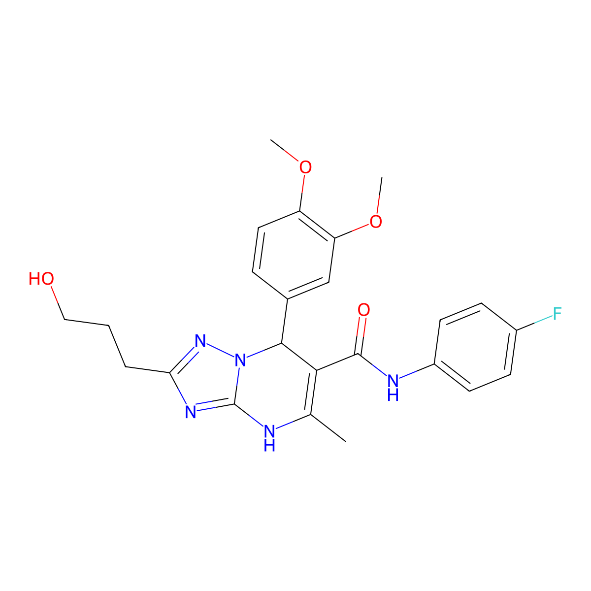 7-(3,4-dimethoxyphenyl)-N-(4-fluorophenyl)-2-(3-hydroxypropyl)-5-methyl-1,7-dihydro-[1,2,4]triazolo[1,5-a]pyrimidine-6-carboxamide molecular structure, CAS 537699-21-1