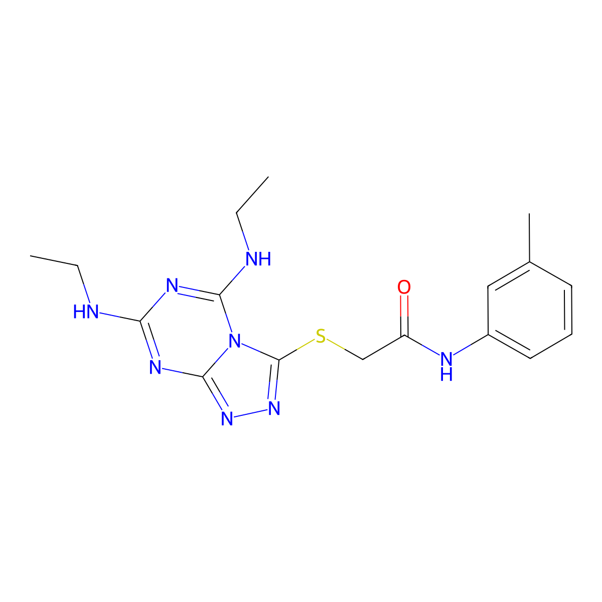 2-{[5,7-bis(ethylamino)-[1,2,4]triazolo[4,3-a][1,3,5]triazin-3-yl]sulfanyl}-N-(3-methylphenyl)acetamide molecular structure, CAS 537702-56-0