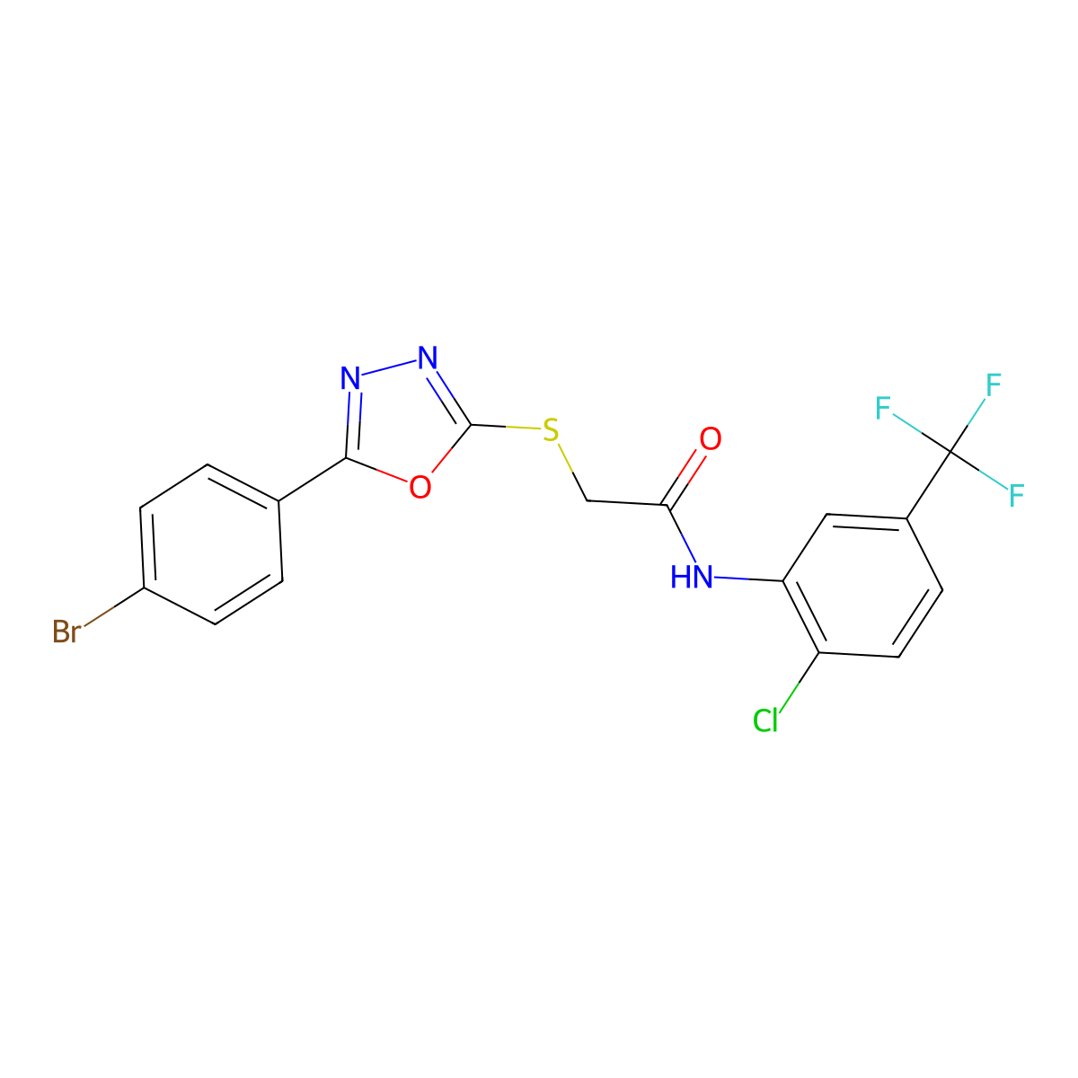 2-[[5-(4-bromophenyl)-1,3,4-oxadiazol-2-yl]sulfanyl]-N-[2-chloro-5-(trifluoromethyl)phenyl]acetamide molecular structure, CAS 537702-83-3