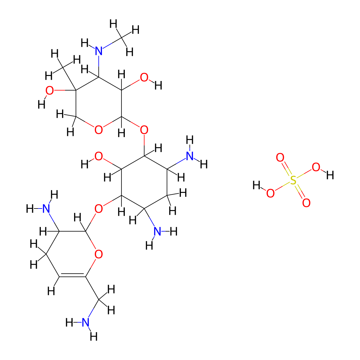 2-[4,6-diamino-3-[[3-amino-6-(aminomethyl)-3,4-dihydro-2H-pyran-2-yl]oxy]-2-hydroxycyclohexyl]oxy-5-methyl-4-(methylamino)oxane-3,5-diol;sulfuric acid molecular structure, CAS 53776-71-9