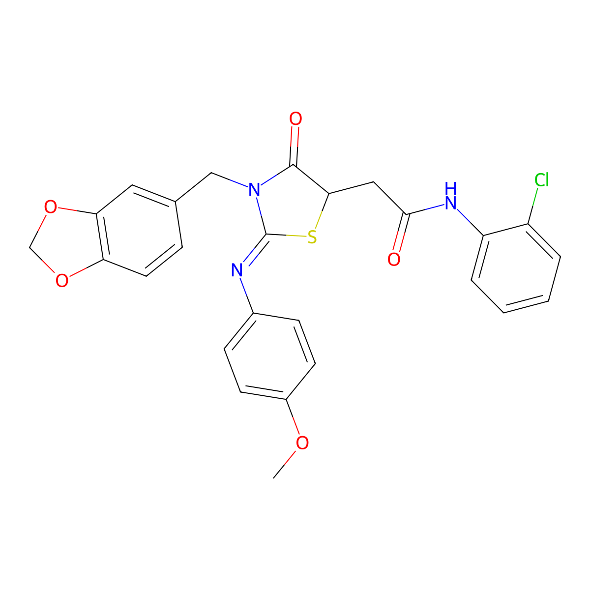 2-{(2Z)-3-(1,3-benzodioxol-5-ylmethyl)-2-[(4-methoxyphenyl)imino]-4-oxo-1,3-thiazolidin-5-yl}-N-(2-chlorophenyl)acetamide molecular structure, CAS 5378-88-1