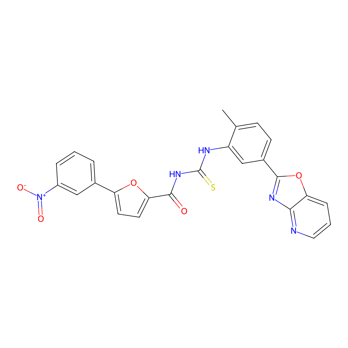 N-[[2-methyl-5-([1,3]oxazolo[4,5-b]pyridin-2-yl)phenyl]carbamothioyl]-5-(3-nitrophenyl)furan-2-carboxamide molecular structure, CAS 5382-69-4