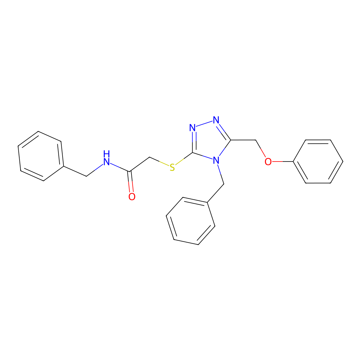 N-Benzyl-2-((4-benzyl-5-(phenoxymethyl)-4H-1,2,4-triazol-3-YL)thio)acetamide molecular structure, CAS 538336-84-4