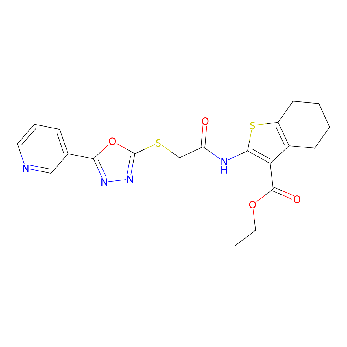 Ethyl 2-(2-((5-(pyridin-3-yl)-1,3,4-oxadiazol-2-yl)thio)acetamido)-4,5,6,7-tetrahydrobenzo[b]thiophene-3-carboxylate molecular structure, CAS 538337-41-6