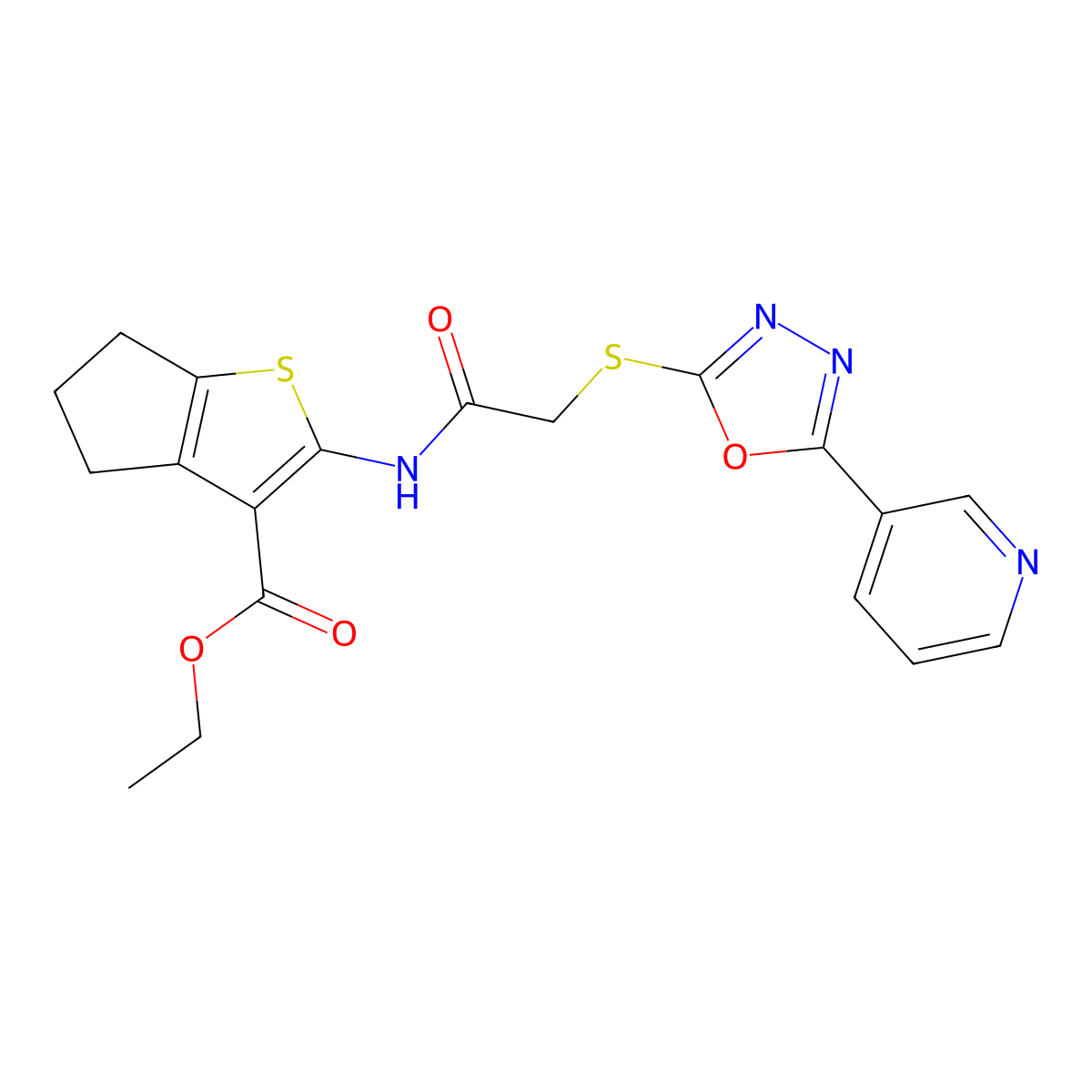 ethyl 2-(2-((5-(pyridin-3-yl)-1,3,4-oxadiazol-2-yl)thio)acetamido)-5,6-dihydro-4H-cyclopenta[b]thiophene-3-carboxylate molecular structure, CAS 538337-49-4