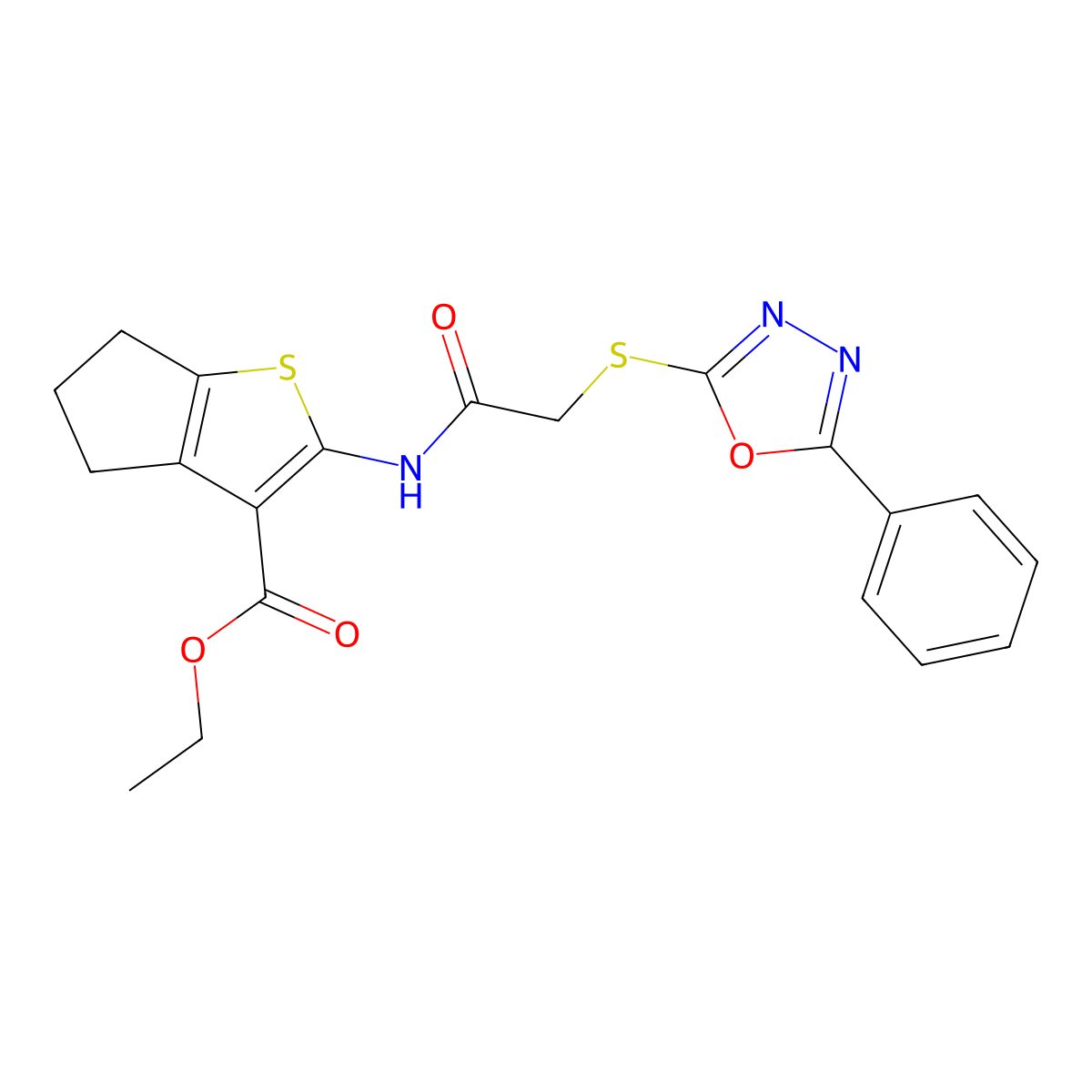 ethyl 2-{2-[(5-phenyl-1,3,4-oxadiazol-2-yl)sulfanyl]acetamido}-4H,5H,6H-cyclopenta[b]thiophene-3-carboxylate molecular structure, CAS 538338-12-4