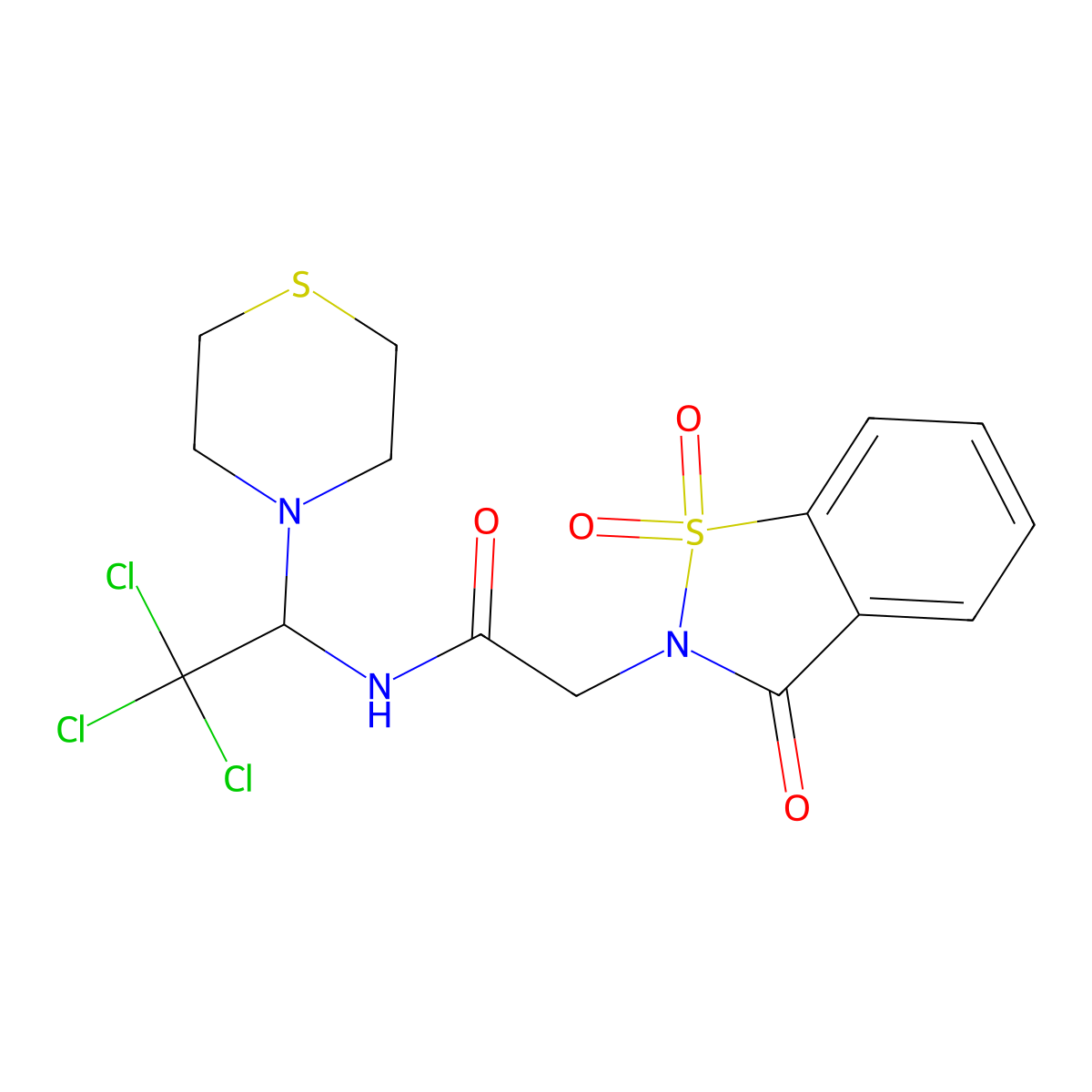 2-(1,1-dioxido-3-oxo-1,2-benzothiazol-2(3H)-yl)-N-[2,2,2-trichloro-1-(thiomorpholin-4-yl)ethyl]acetamide molecular structure, CAS 538340-90-8