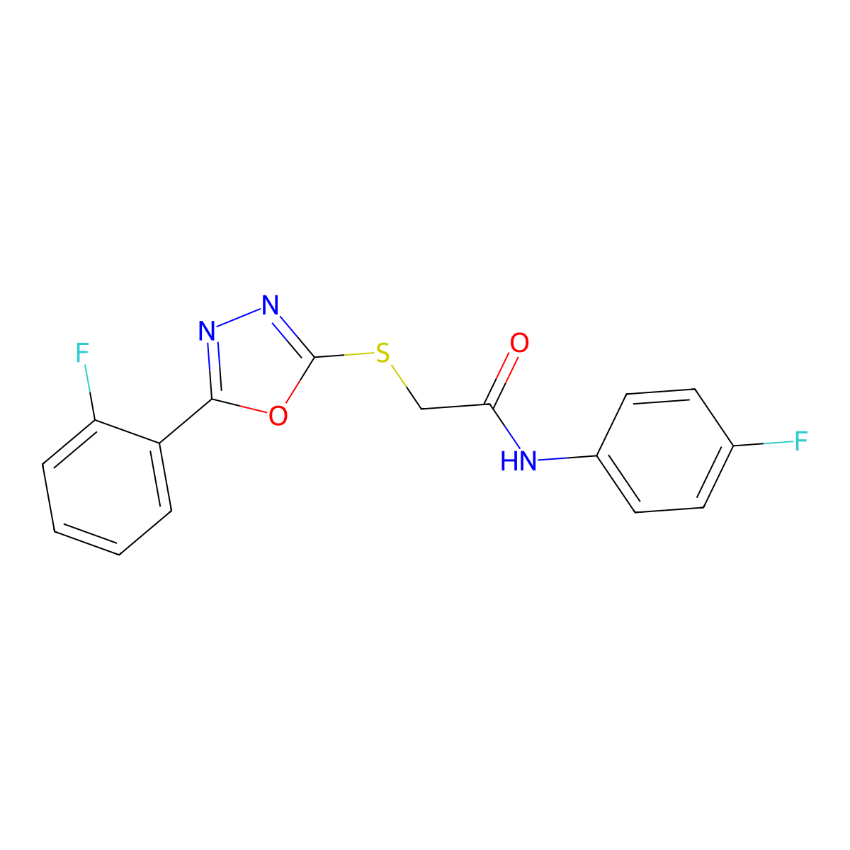 N-(4-fluorophenyl)-2-[[5-(2-fluorophenyl)-1,3,4-oxadiazol-2-yl]sulfanyl]acetamide molecular structure, CAS 5387-42-8