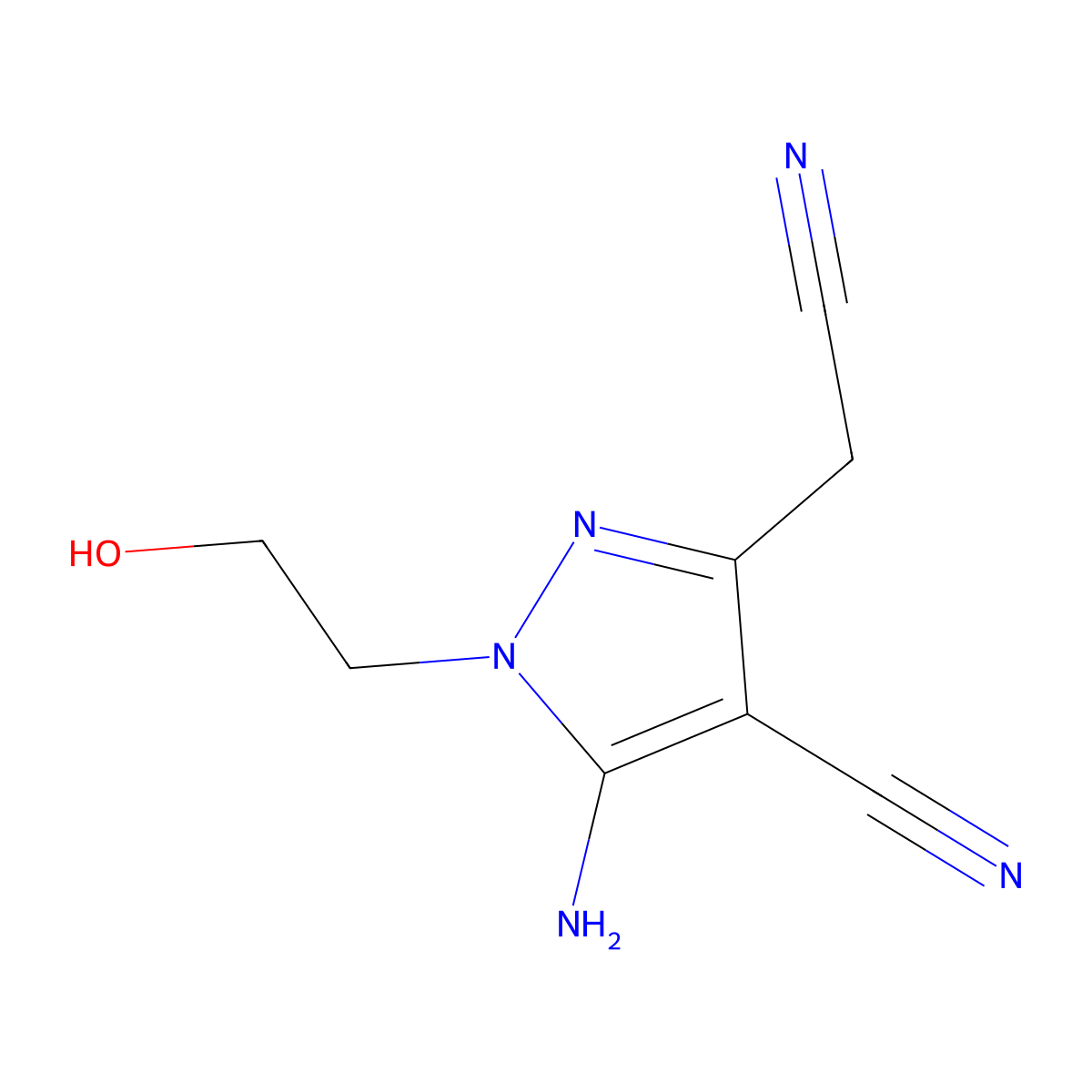 5-amino-3-(cyanomethyl)-1-(2-hydroxyethyl)-1H-pyrazole-4-carbonitrile molecular structure, CAS 53871-48-0