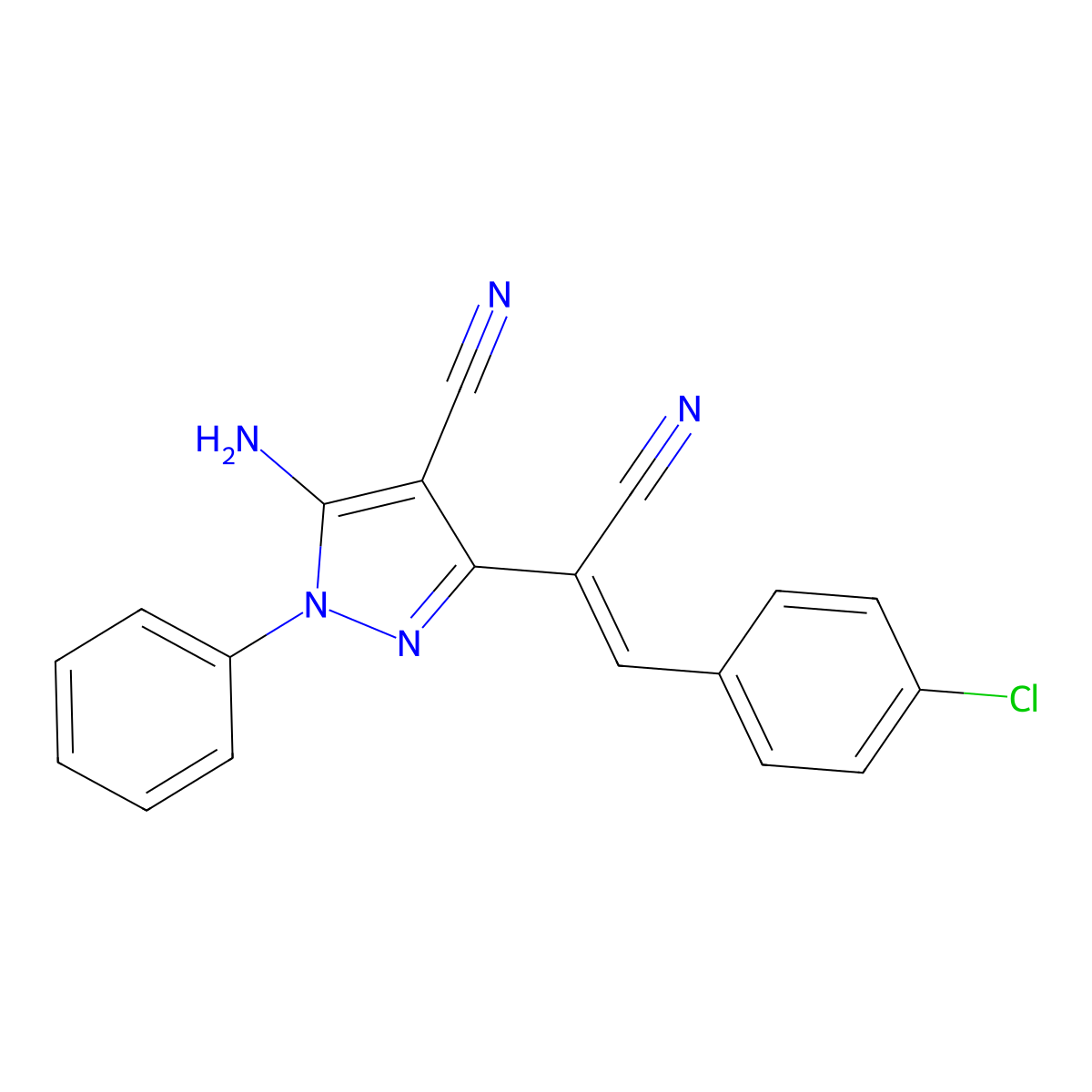 5-Amino-I+/--[(4-chlorophenyl)methylene]-4-cyano-1-phenyl-1H-pyrazole-3-acetonitrile molecular structure, CAS 53871-50-4