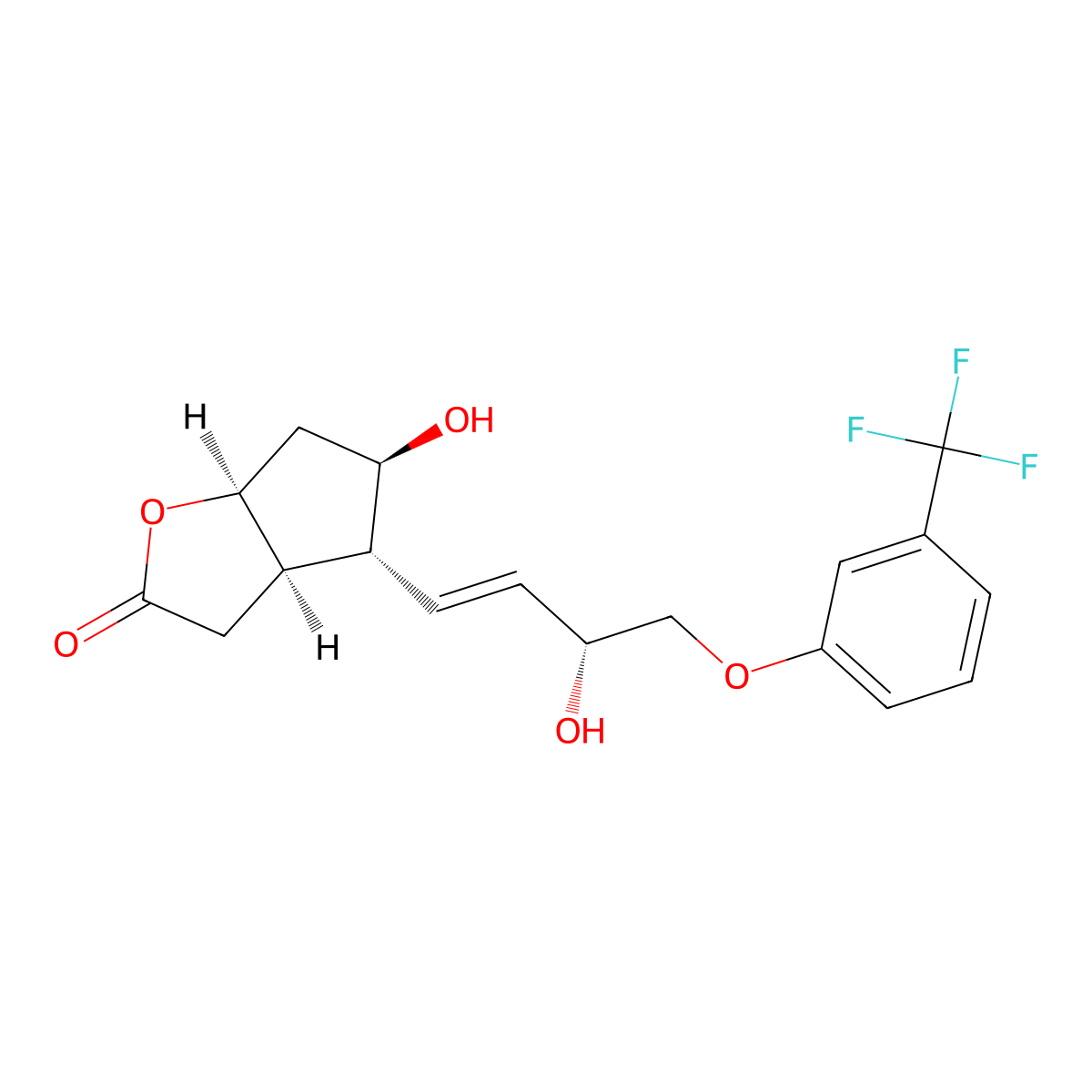 (+)-(3aR,4R,5r,6aS)-Hexahydro-5-hydroxy-4-((1E,3R)-3-hydroxy-4-(3-trifluoromethyl)phenoxy-1-butenyl)-2H-cyclopenta(b)furan-2-one molecular structure, CAS 53872-60-9