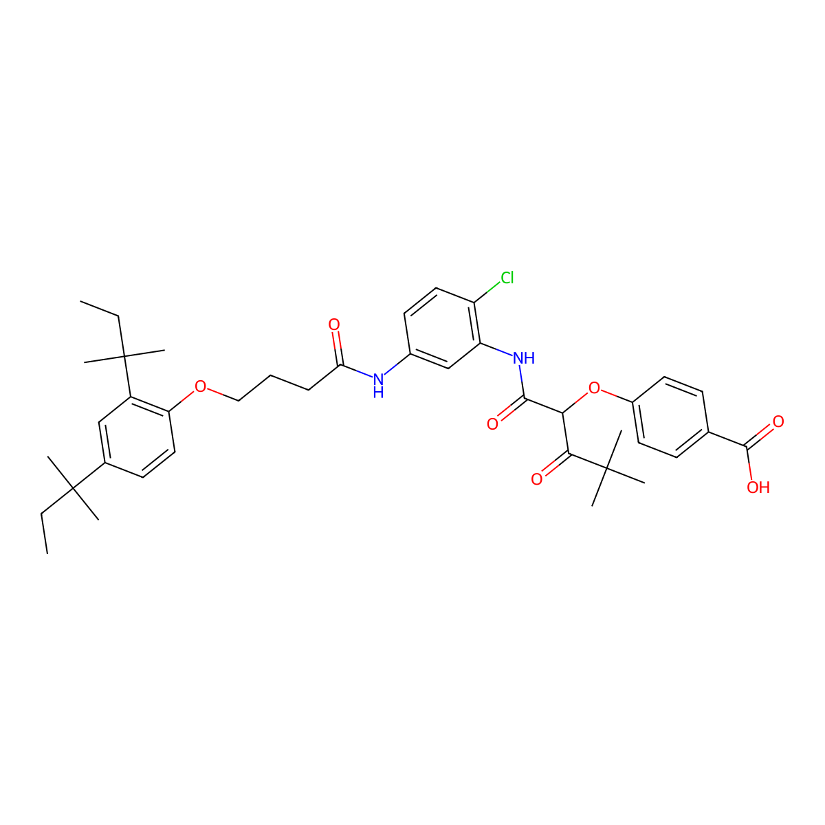 Benzoic acid, 4-[1-[[[5-[[4-[2,4-bis(1,1-dimethylpropyl)phenoxy]-1-oxobutyl]amino]-2-chlorophenyl]amino]carbonyl]-3,3-dimethyl-2-oxobutoxy]- molecular structure, CAS 53918-53-9