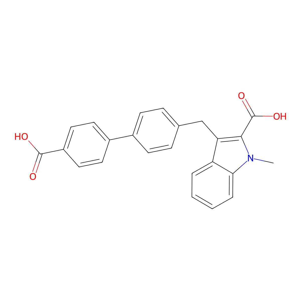 1H-Indole-2-carboxylic acid, 3-((4'-carboxy(1,1'-biphenyl)-4-yl)methyl)-1-methyl- molecular structure, CAS 53924-41-7