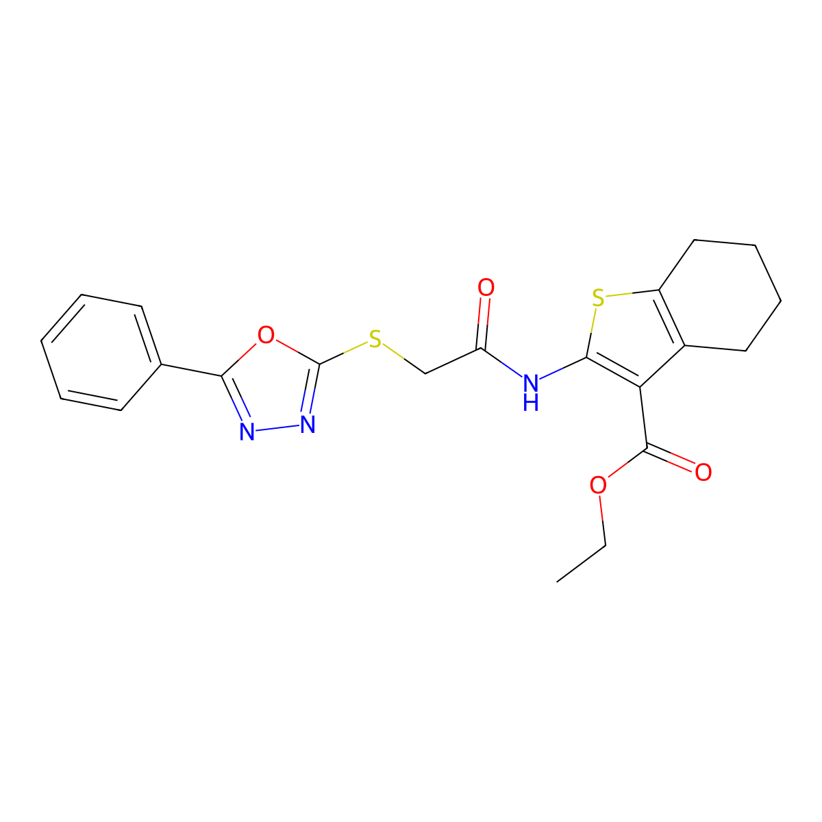 Ethyl 2-[[2-[(5-phenyl-1,3,4-oxadiazol-2-yl)sulfanyl]acetyl]amino]-4,5,6,7-tetrahydro-1-benzothiophene-3-carboxylate molecular structure, CAS 539805-60-2