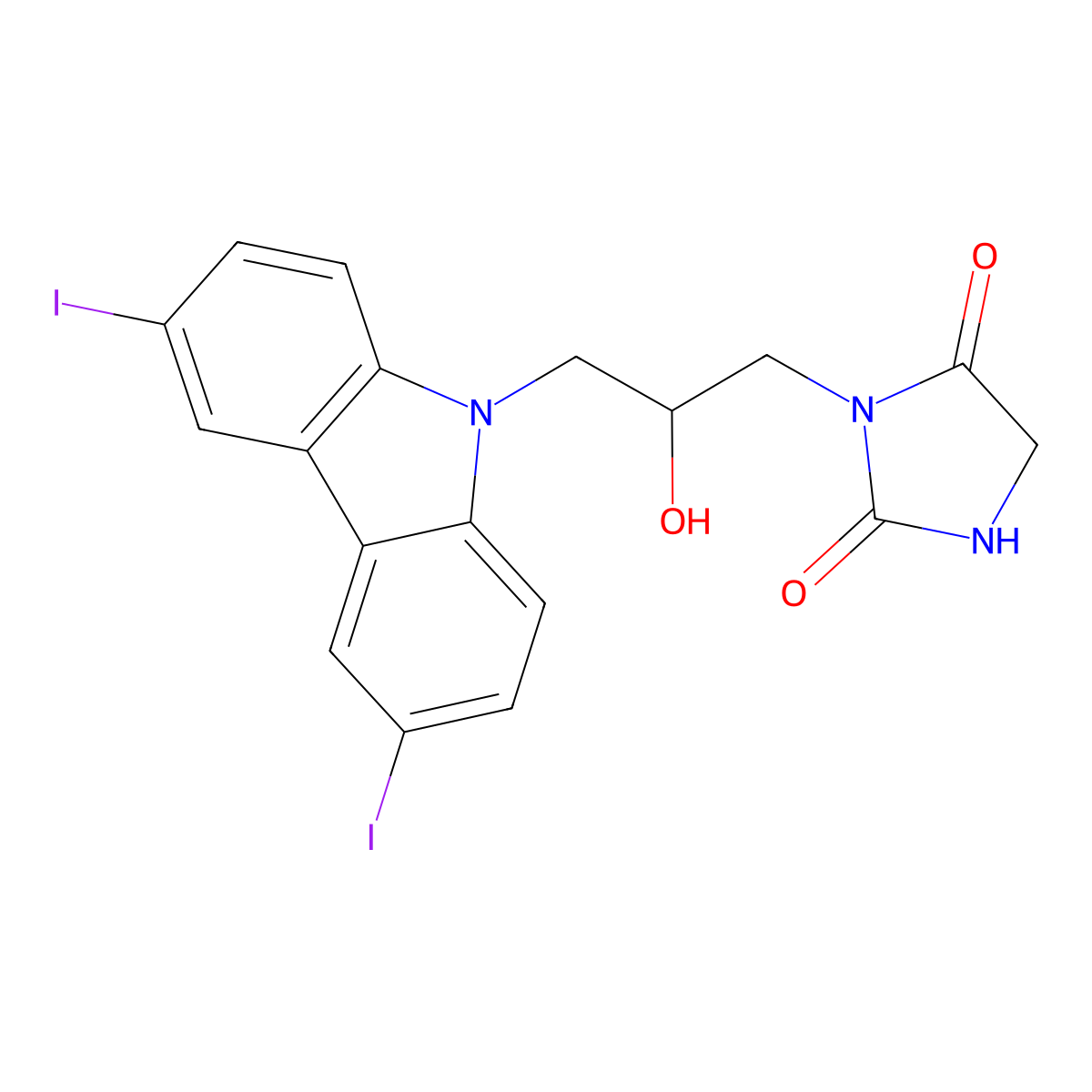 3-(3-(3,6-diiodo-9H-carbazol-9-yl)-2-hydroxypropyl)imidazolidine-2,4-dione molecular structure, CAS 539806-11-6