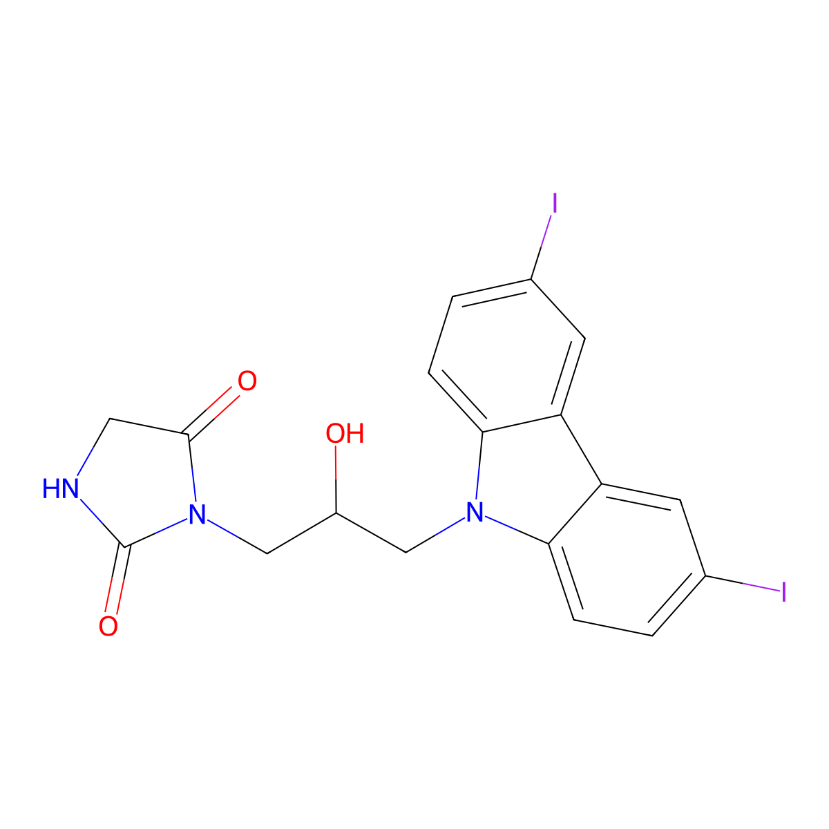 3-(3-(3,6-diiodo-9H-carbazol-9-yl)-2-hydroxypropyl)imidazolidine-2,4-dione molecular structure, CAS 539806-11-6