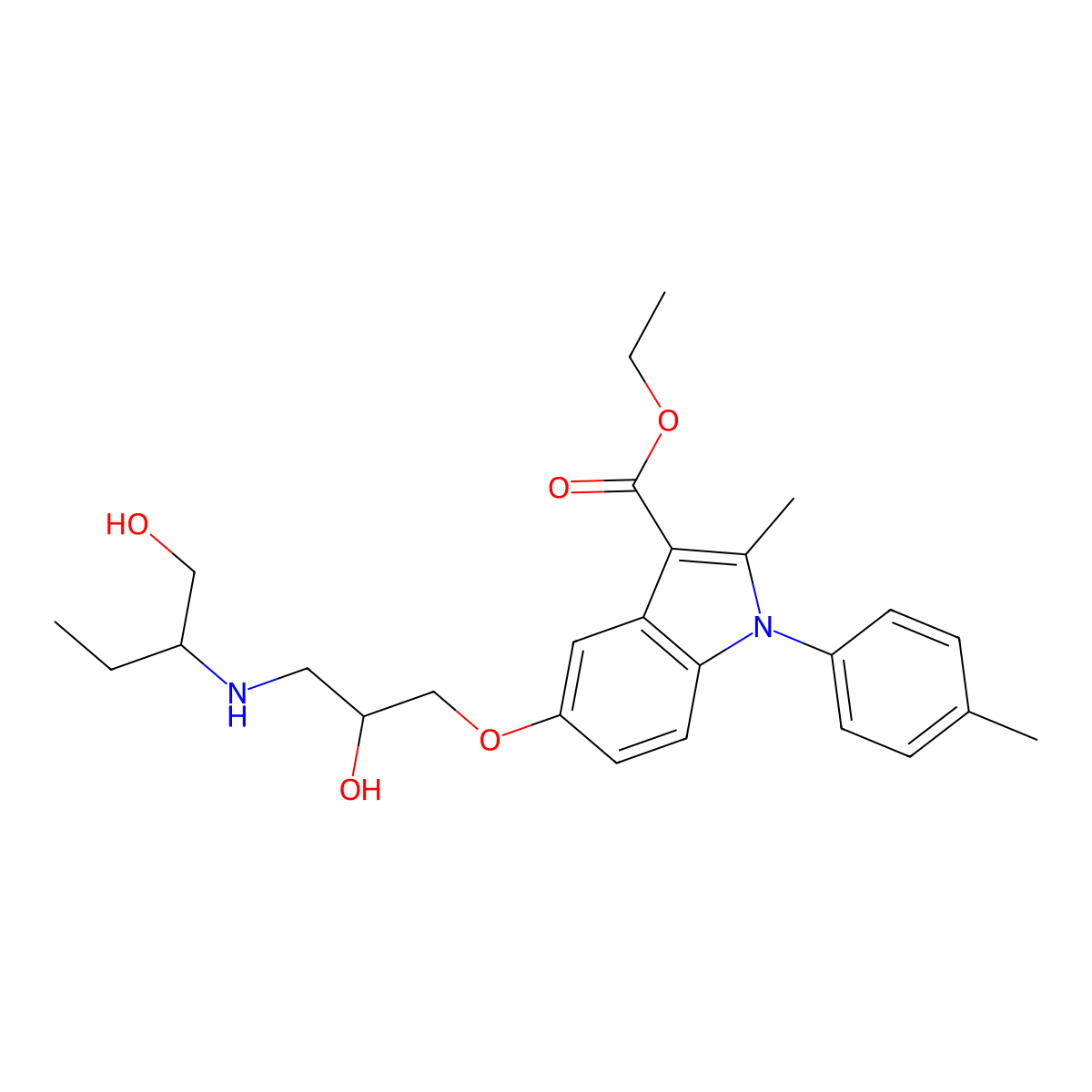 ethyl 5-(2-hydroxy-3-((1-hydroxybutan-2-yl)amino)propoxy)-2-methyl-1-(p-tolyl)-1H-indole-3-carboxylate molecular structure, CAS 539807-02-8