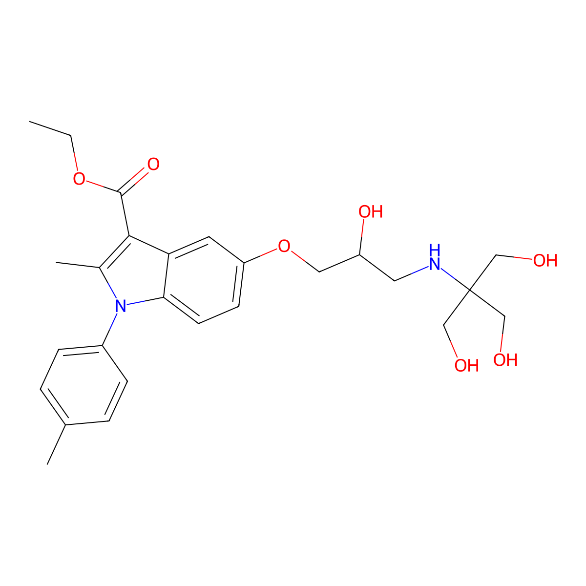1H-Indole-3-carboxylic acid, 5-[2-hydroxy-3-[[2-hydroxy-1,1-bis(hydroxymethyl)ethyl]amino]propoxy]-2-methyl-1-(4-methylphenyl)-, ethyl ester molecular structure, CAS 539807-13-1