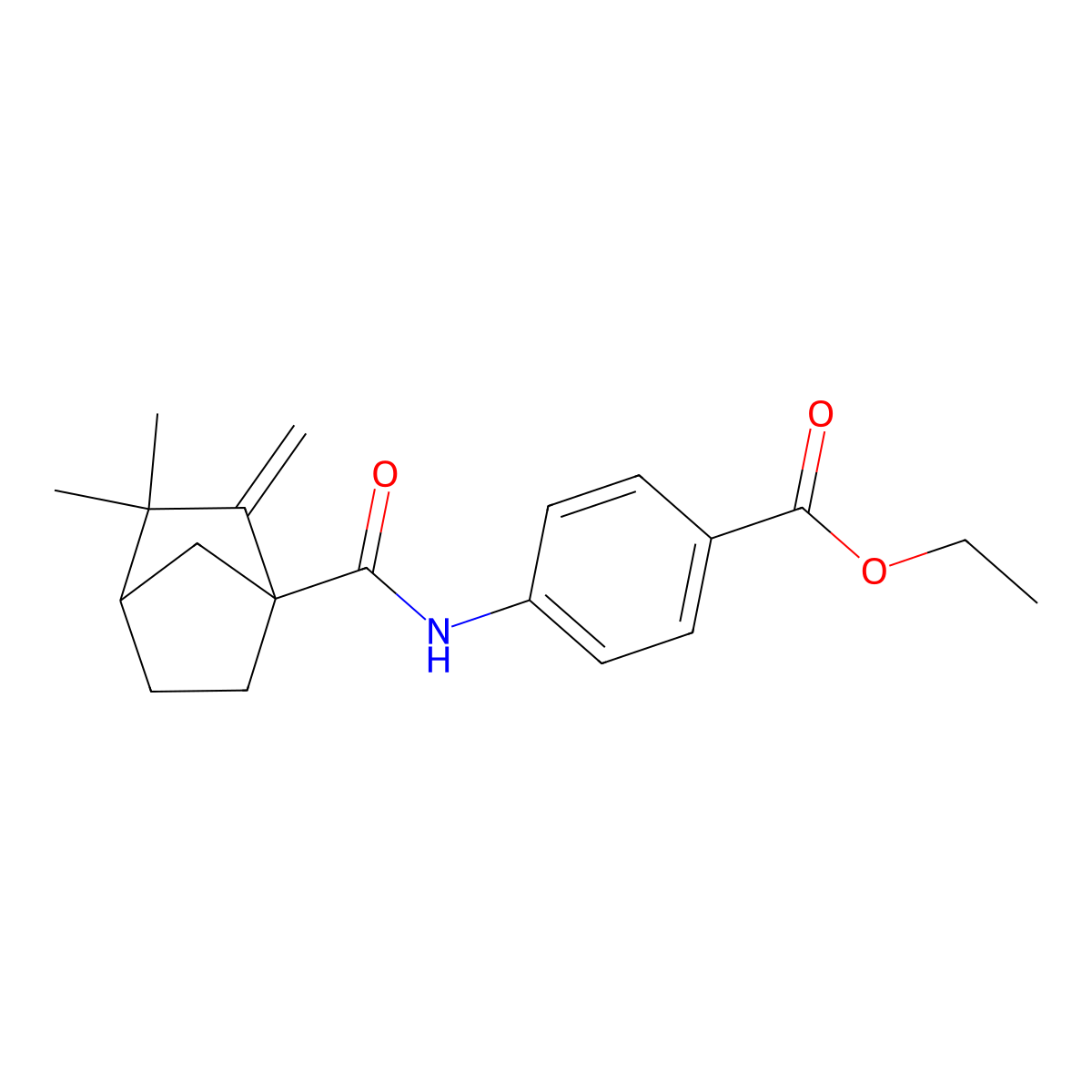 Ethyl 4-{[(3,3-dimethyl-2-methylenebicyclo[2.2.1]hept-1-yl)carbonyl]amino}benzoate molecular structure, CAS 539808-23-6