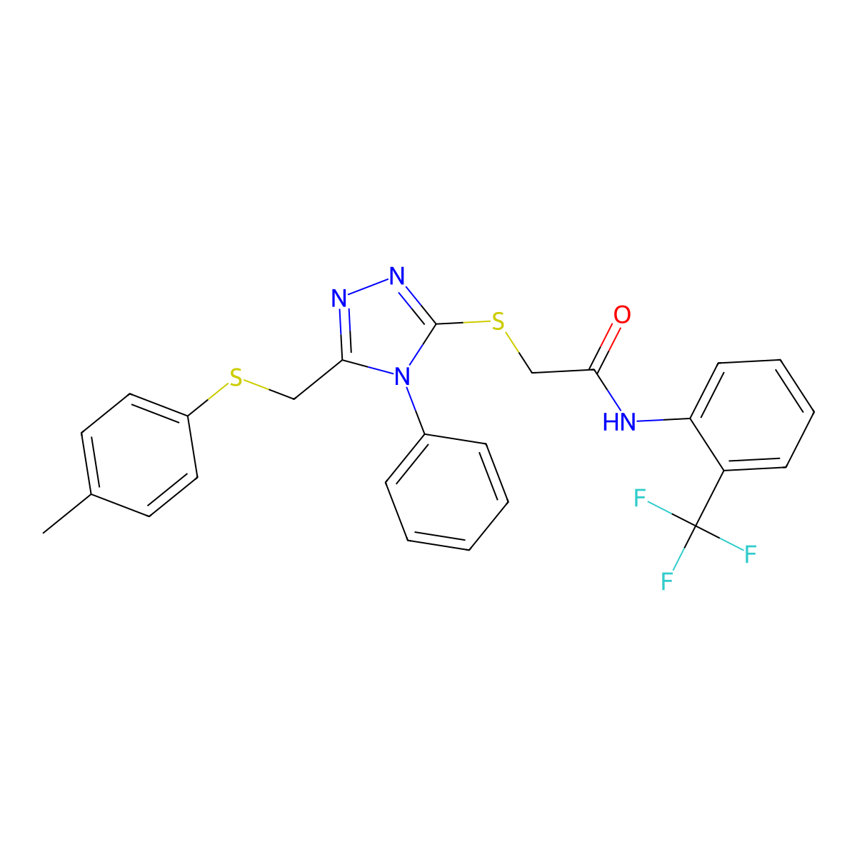 2-[(5-{[(4-Methylphenyl)sulfanyl]methyl}-4-phenyl-4H-1,2,4-triazol-3-YL)sulfanyl]-N-[2-(trifluoromethyl)phenyl]acetamide molecular structure, CAS 539809-29-5