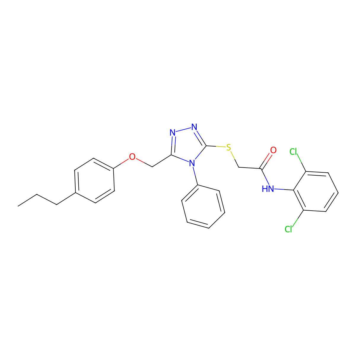 N-(2,6-Dichlorophenyl)-2-((4-phenyl-5-((4-propylphenoxy)methyl)-4H-1,2,4-triazol-3-YL)sulfanyl)acetamide molecular structure, CAS 539809-64-8