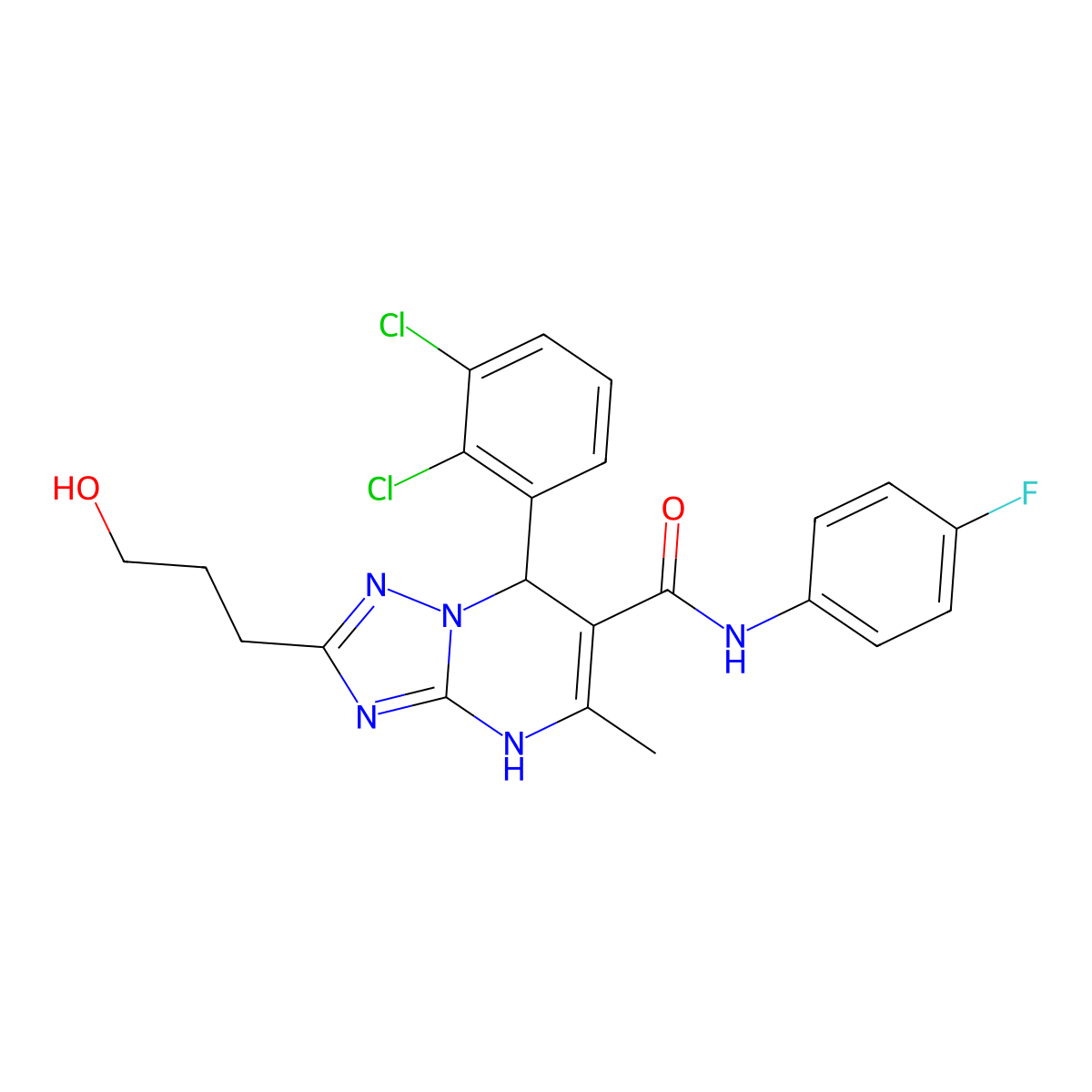 7-(2,3-dichlorophenyl)-N-(4-fluorophenyl)-2-(3-hydroxypropyl)-5-methyl-1,7-dihydro-[1,2,4]triazolo[1,5-a]pyrimidine-6-carboxamide molecular structure, CAS 539810-24-7