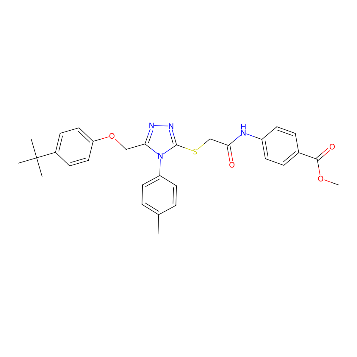 Methyl 4-[({[5-[(4-tert-butylphenoxy)methyl]-4-(4-methylphenyl)-4H-1,2,4-triazol-3-YL]sulfanyl}acetyl)amino]benzoate molecular structure, CAS 539812-19-6