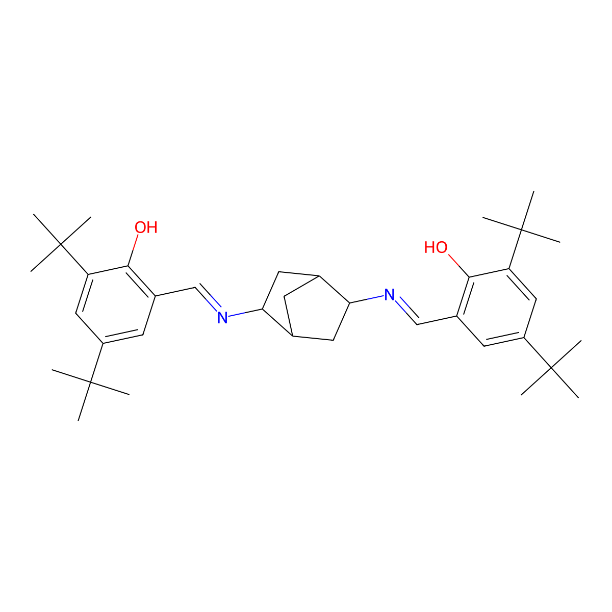 (1R,2R,4R,5R)-2,5-Bis(3,5-di-tert-butyl-2-hydroxybenzylideneamino)bicyclo[2.2.1]heptane molecular structure, CAS 539834-19-0