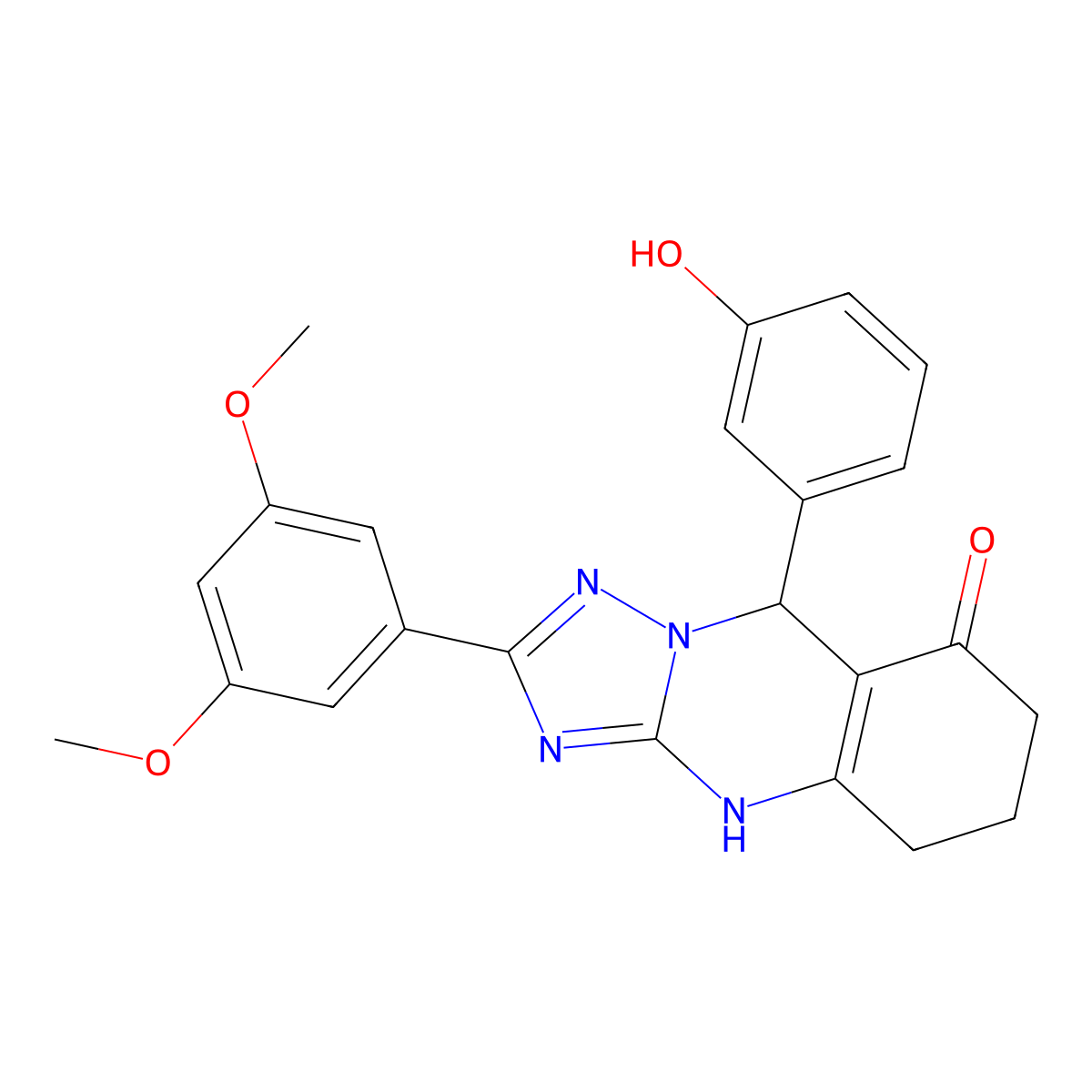 2-(3,5-dimethoxyphenyl)-9-(3-hydroxyphenyl)-5,6,7,9-tetrahydro-[1,2,4]triazolo[5,1-b]quinazolin-8(4H)-one molecular structure, CAS 539844-88-7