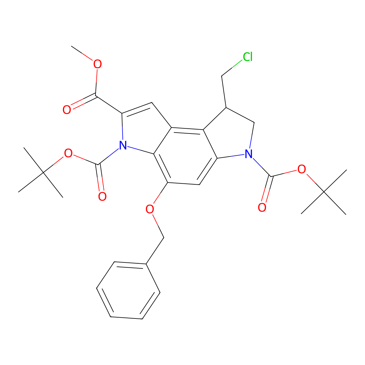 3,6-Di-tert-butyl 2-methyl 4-(benzyloxy)-8-(chloromethyl)-7,8-dihydropyrrolo[3,2-e]indole-2,3,6-tricarboxylate molecular structure, CAS 539856-46-7