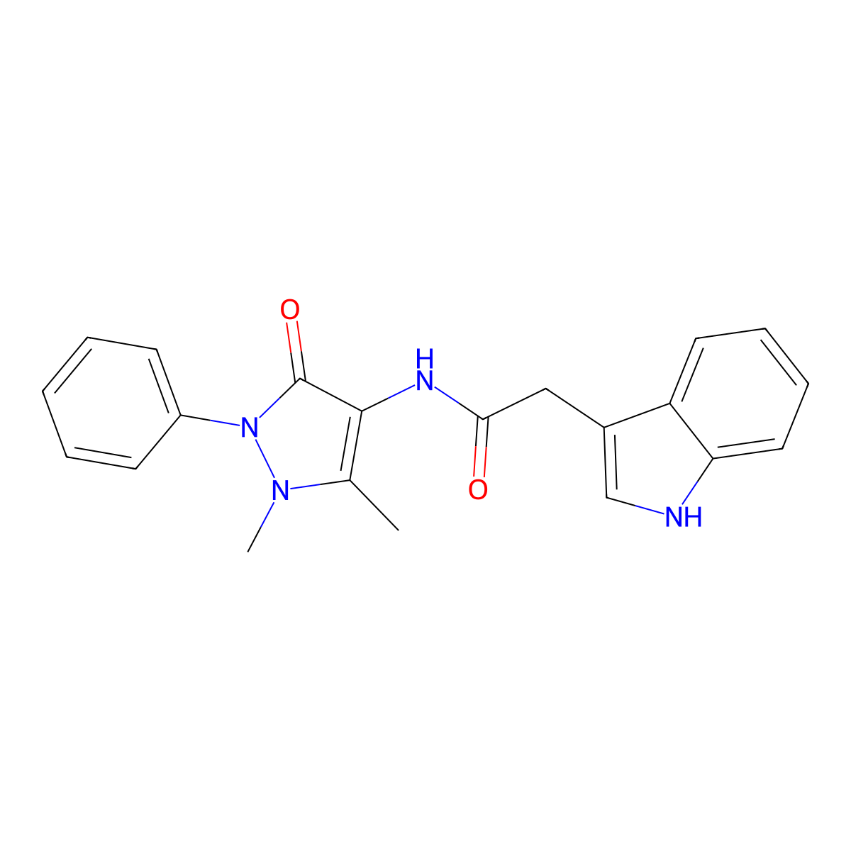 Indolyl-3-acetic acid (1-phenyl-2,3-dimethyl-5-oxo-4-pyrazolyl) amide molecular structure, CAS 53995-76-9