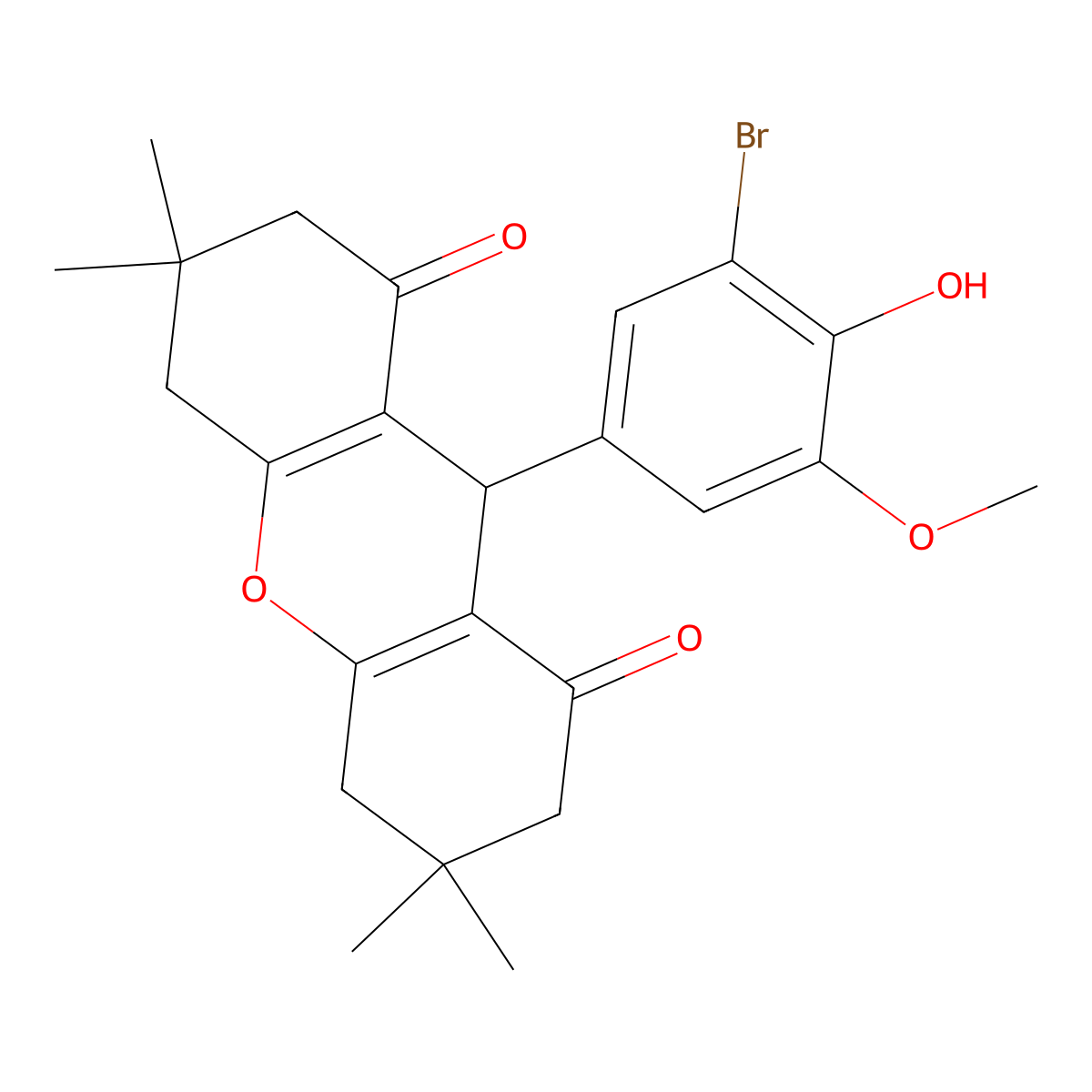 9-(3-bromo-4-hydroxy-5-methoxyphenyl)-3,3,6,6-tetramethyl-4,5,7,9-tetrahydro-2H-xanthene-1,8-dione molecular structure, CAS 5402-44-8