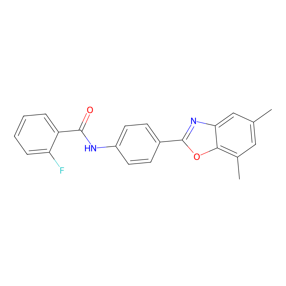 N-[4-(5,7-dimethyl-1,3-benzoxazol-2-yl)phenyl]-2-fluorobenzamide molecular structure, CAS 5403-28-1