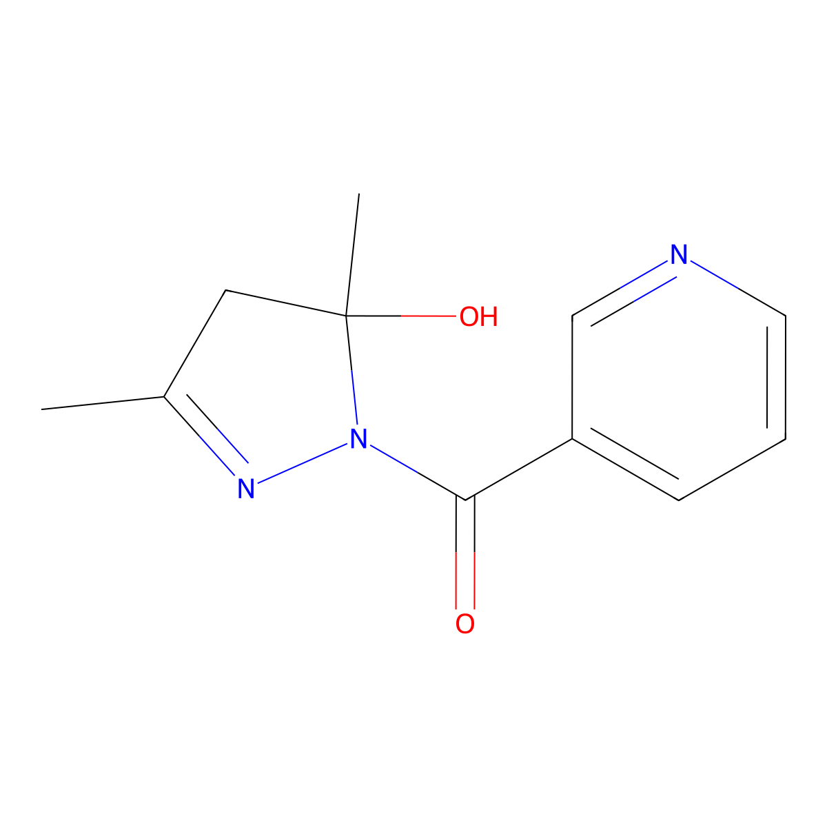 (5-Hydroxy-3,5-dimethyl-4,5-dihydro-1H-pyrazol-1-yl)(pyridin-3-yl)methanone molecular structure, CAS 5404-75-1