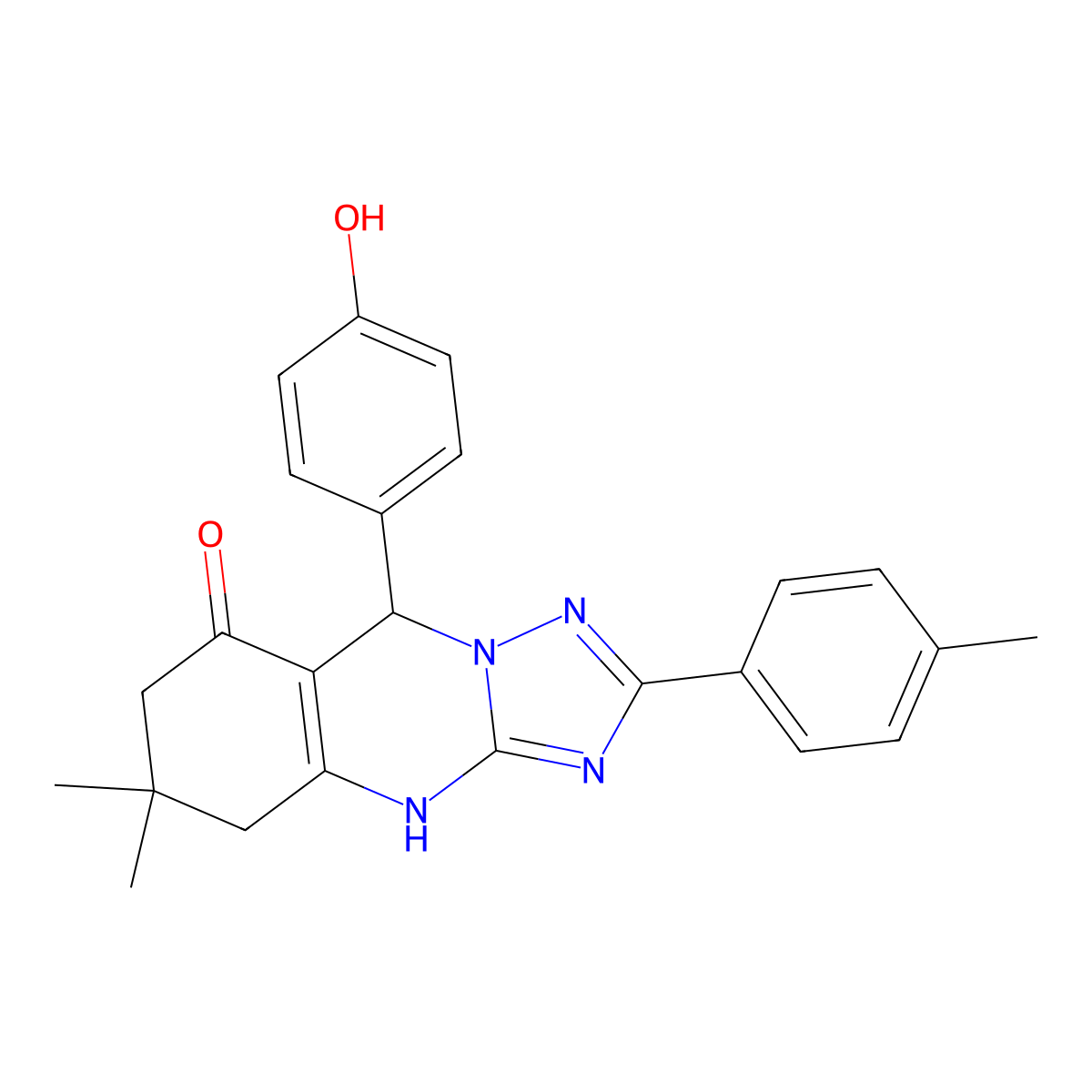 9-(4-hydroxyphenyl)-6,6-dimethyl-2-(p-tolyl)-5,6,7,9-tetrahydro-[1,2,4]triazolo[5,1-b]quinazolin-8(4H)-one molecular structure, CAS 540478-36-2